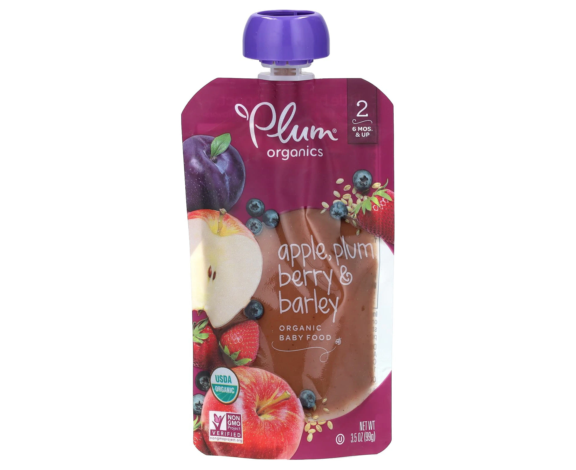 Plum Organics, Organic Baby Food, 6 Mos & Up, Apple, Plum, Berry & Barley, 3.5 oz (99 g)