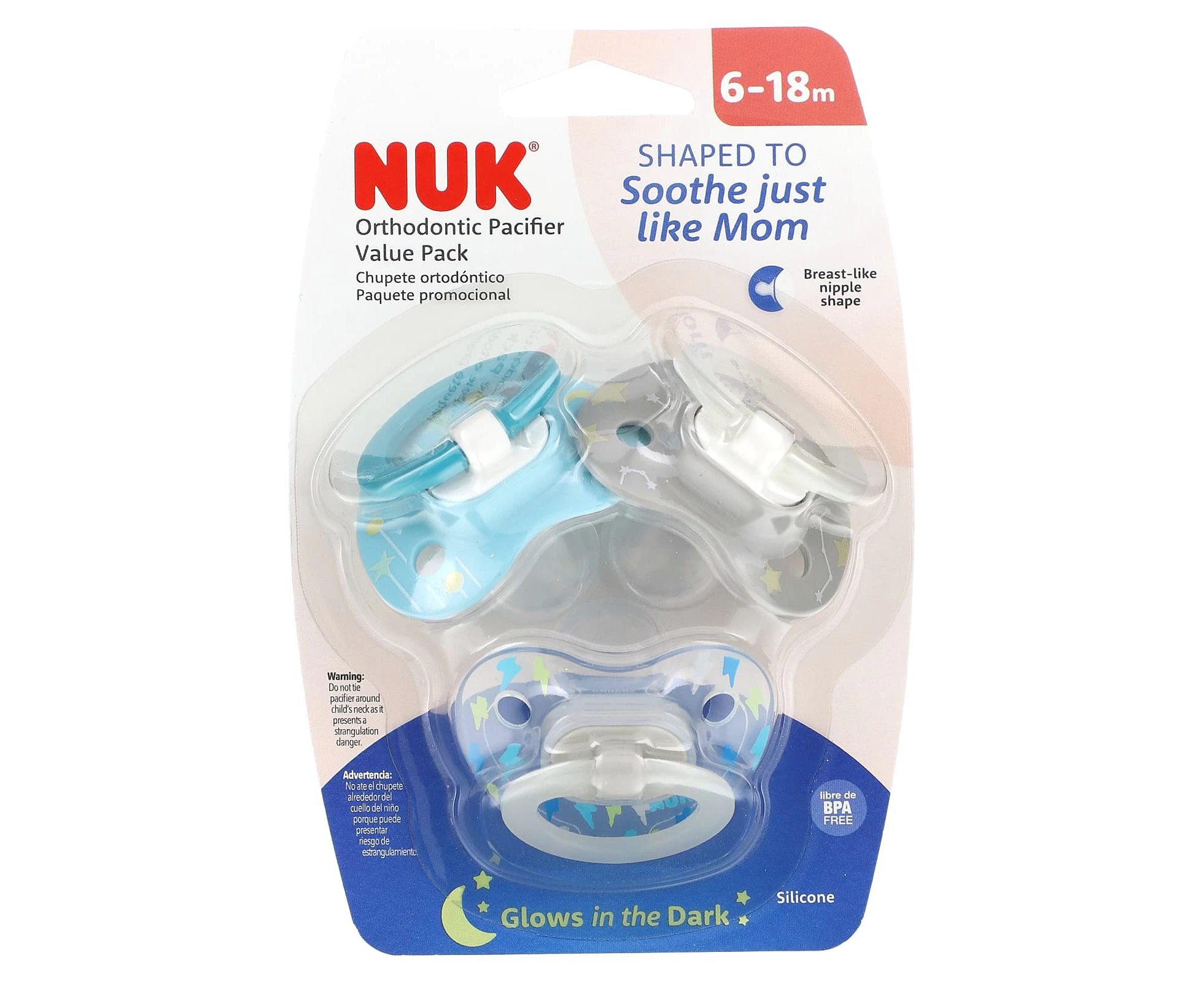 NUK, Glow in the Dark Orthodontic Pacifier, 6-18 Months, Lightning Bolts and Stars, 3 Value Pack