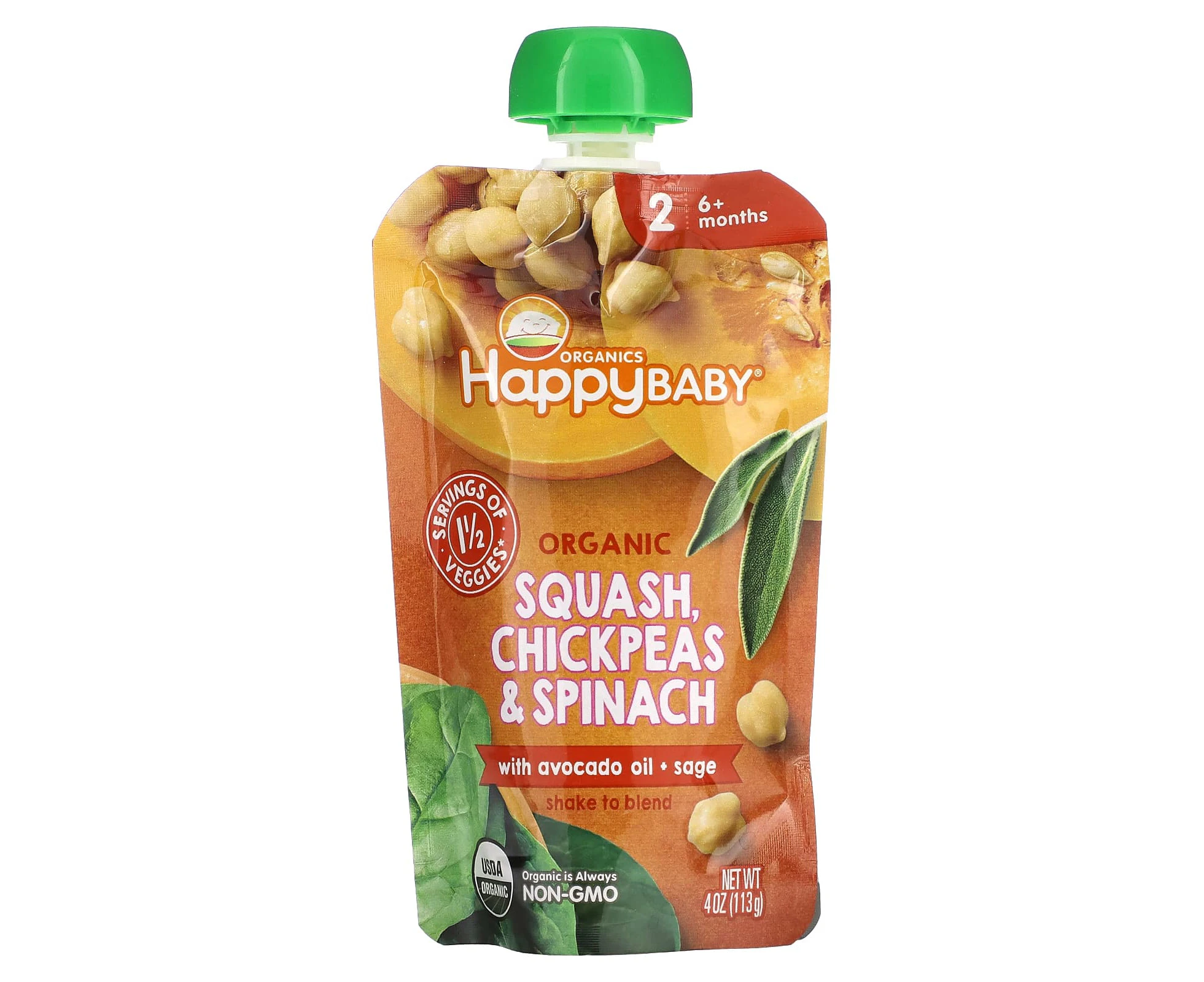 Happy Family Organics, Happy Baby, 6+ Months, Organic Squash, Chickpeas & Spinach, 4 oz (113 g)