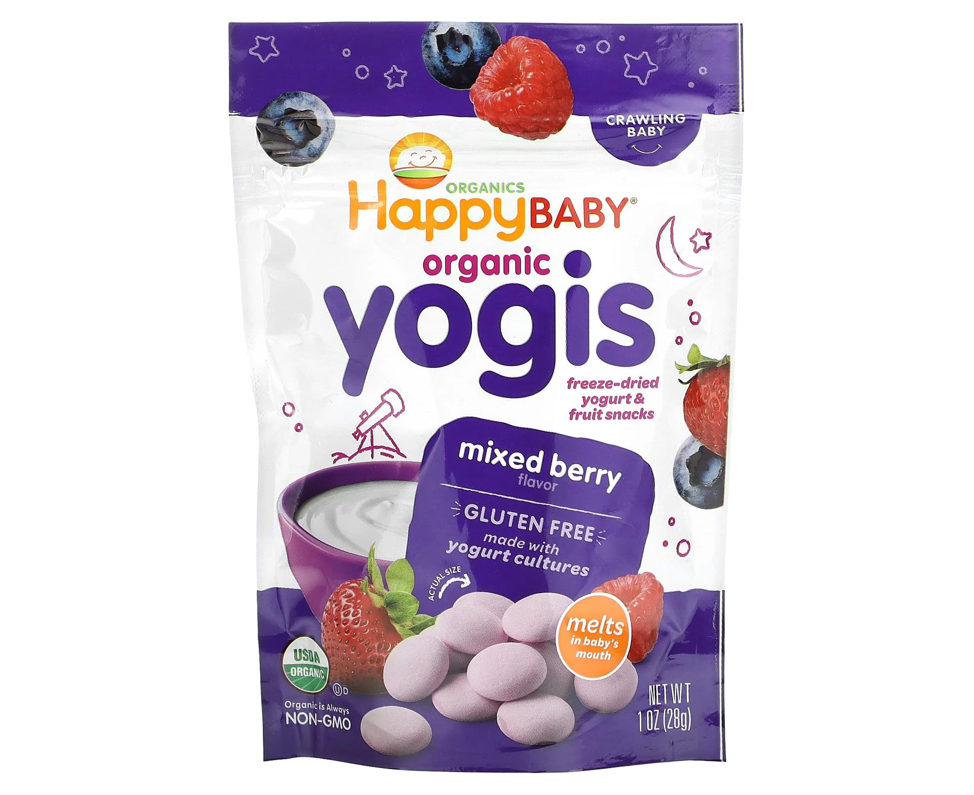 Happy Family Organics, Organic Yogis, Freeze Dried Yogurt & Fruit Snacks, Mixed Berry, 1 oz (28 g)