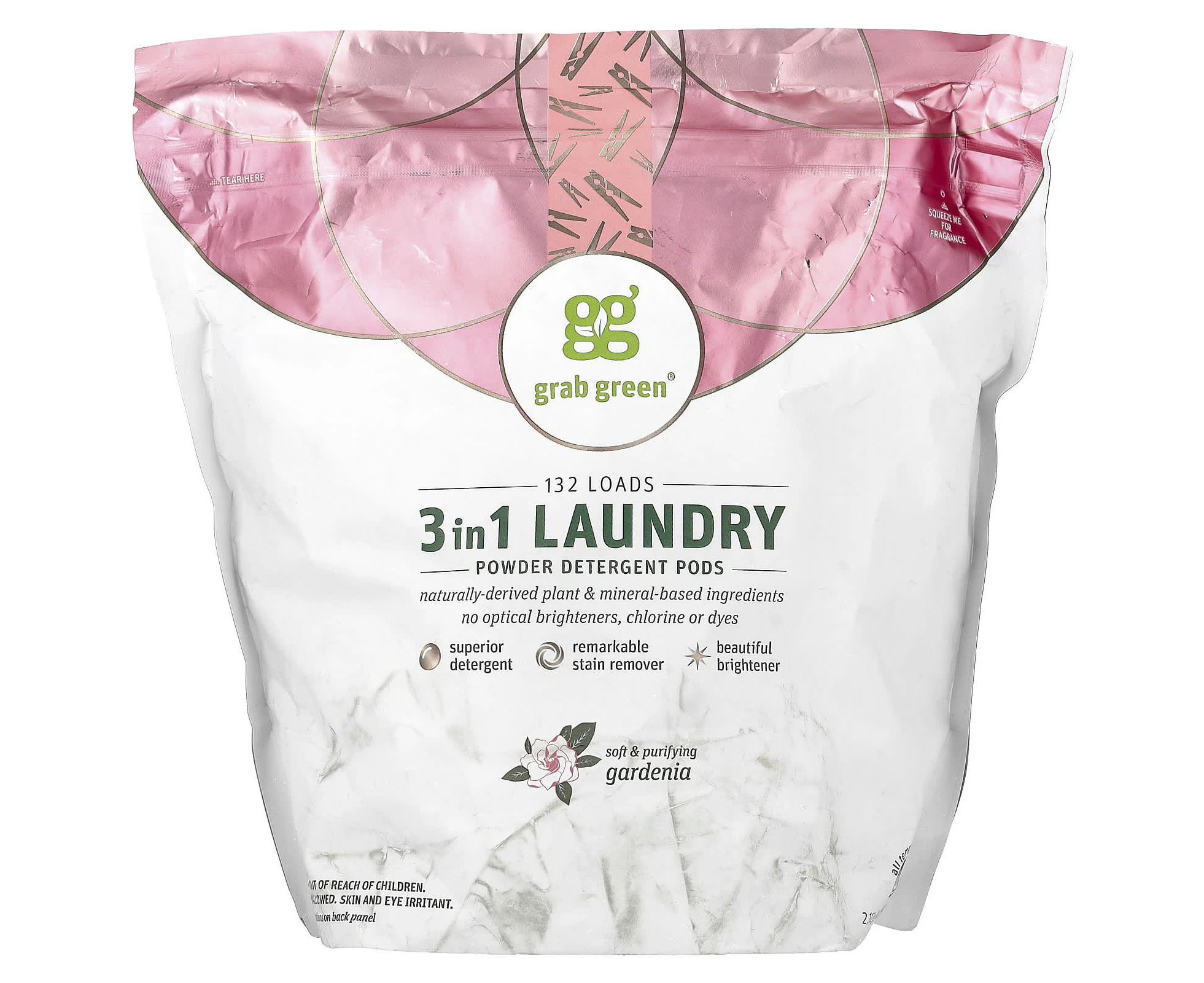 Grab Green, 3 in 1 Laundry Powder Detergent Pods, Gardenia, 132 Loads, 4 lb 10.4 oz (2,112 g)