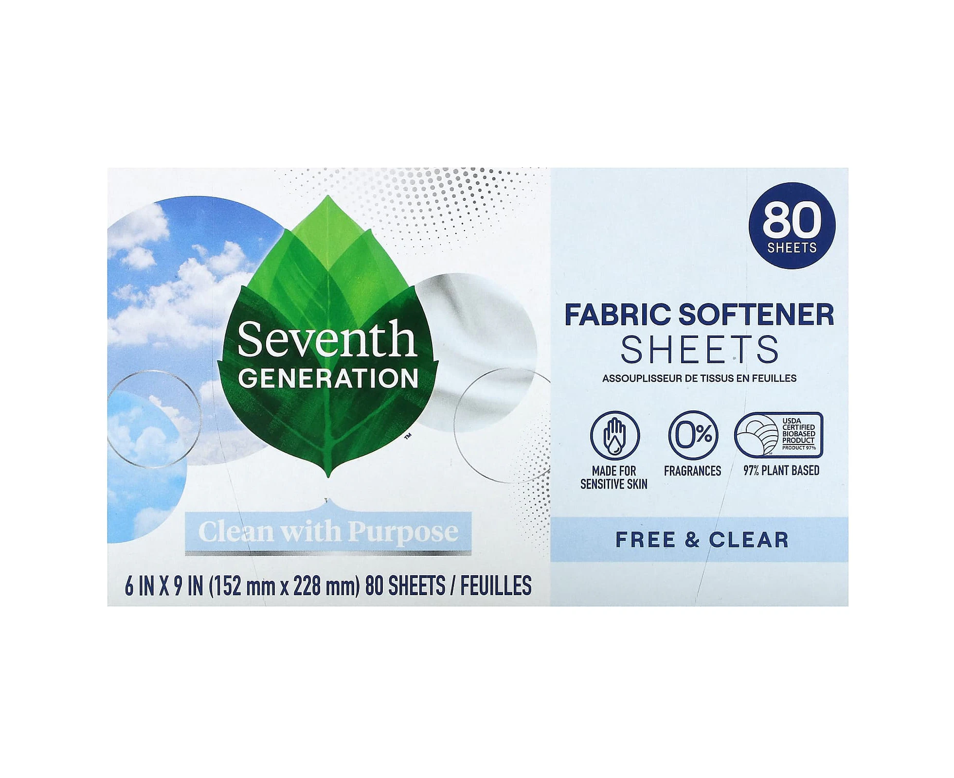 Seventh Generation, Fabric Softener Sheets, Free & Clear, 80 Sheets