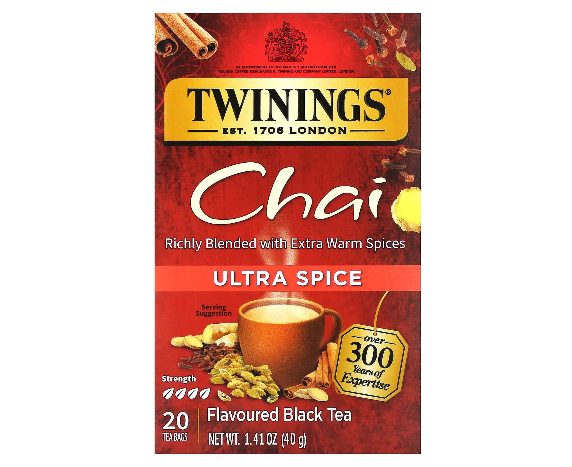 Twinings, Flavored Black Tea, Chai, Ultra Spice , 20 Tea Bags, 1.41 oz (40 g)