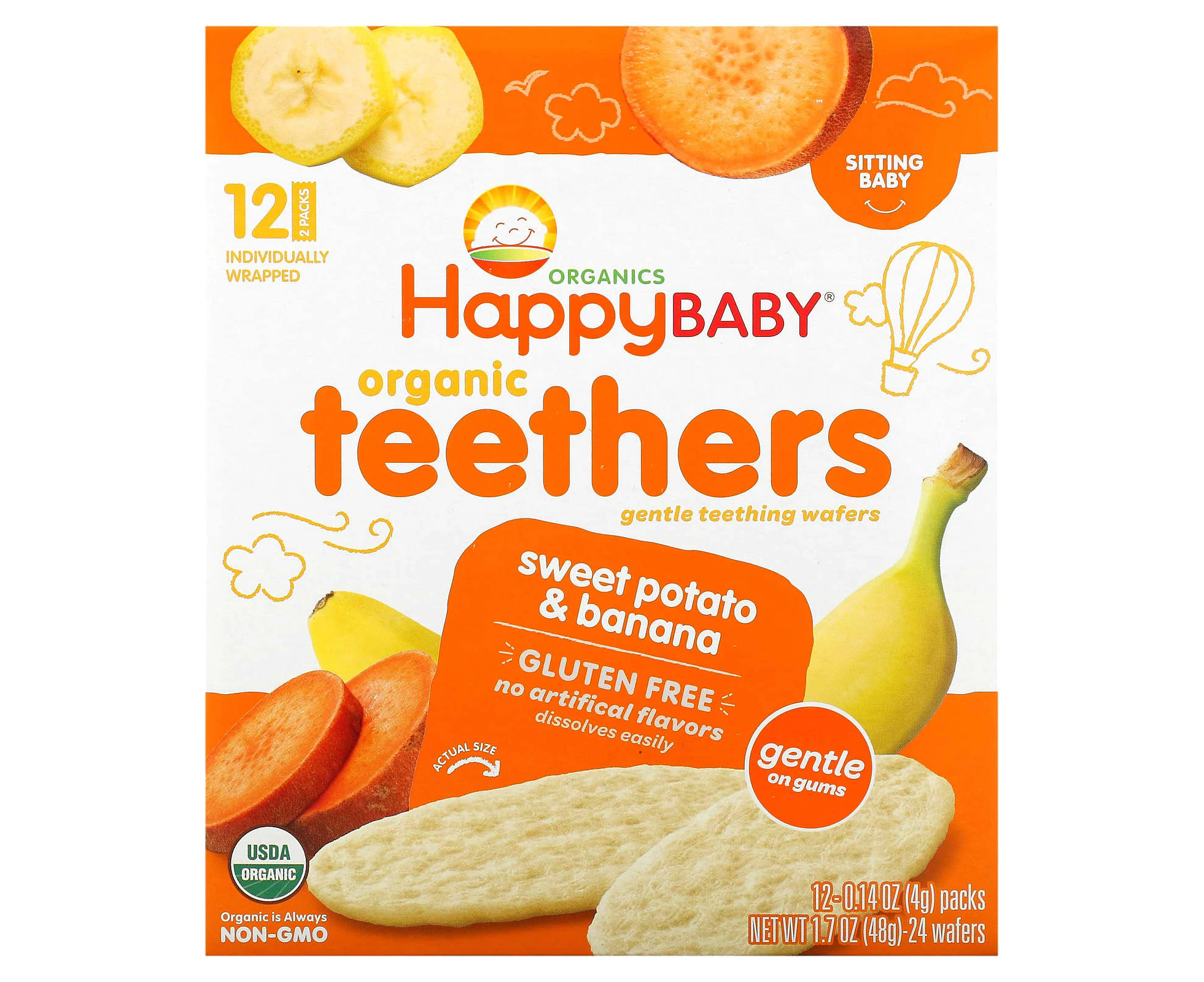 Happy Family Organics, Organic Teethers, Gentle Teething Wafers, Sweet Potato & Banana, 12 Packs, 0.14 oz (4 g) Each