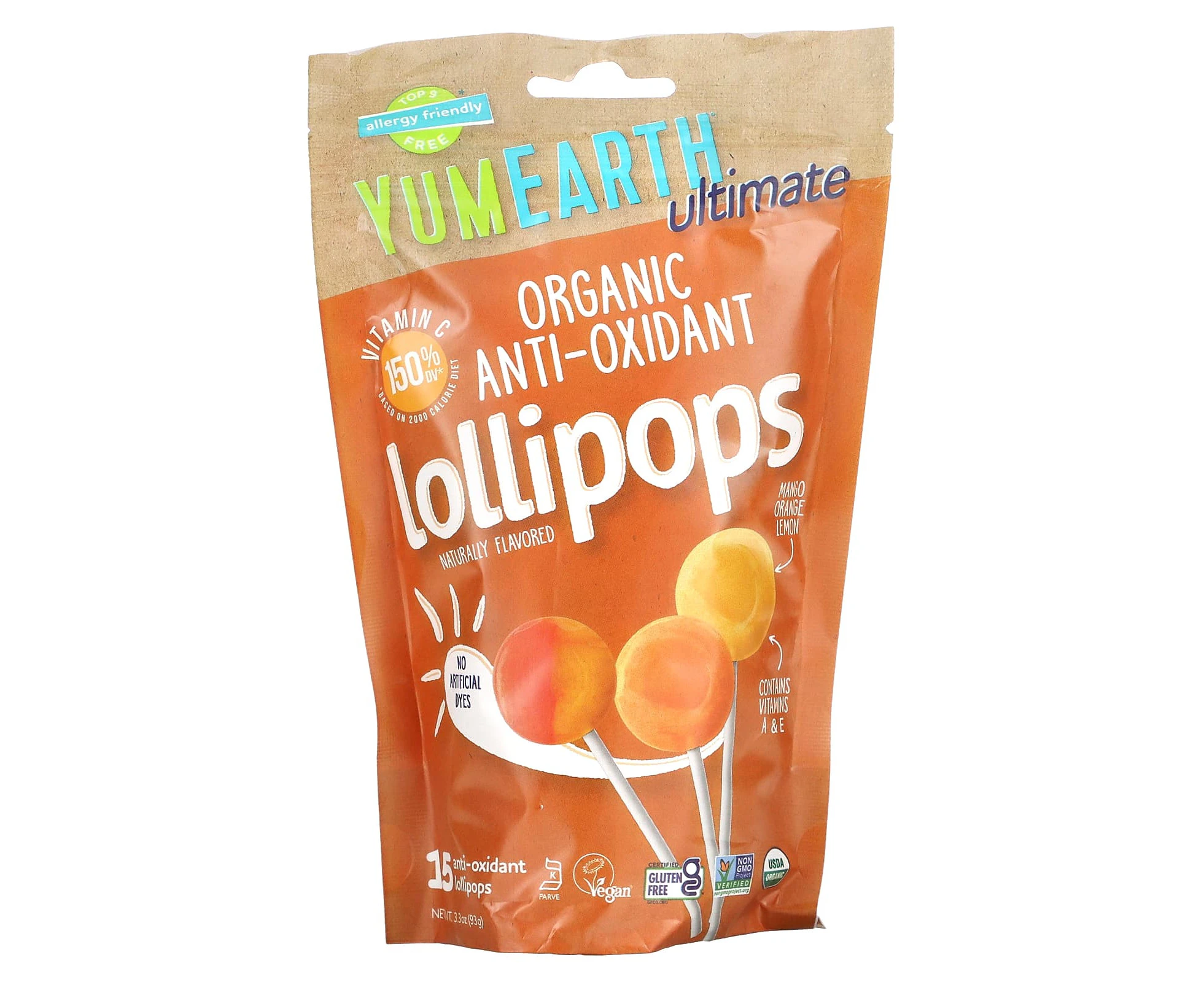 YumEarth, Ultimate, Organic Anti-Oxidant Lollipops, Mango, Orange,  Lemon, 15 Lollipops, 3.3 oz (93 g)