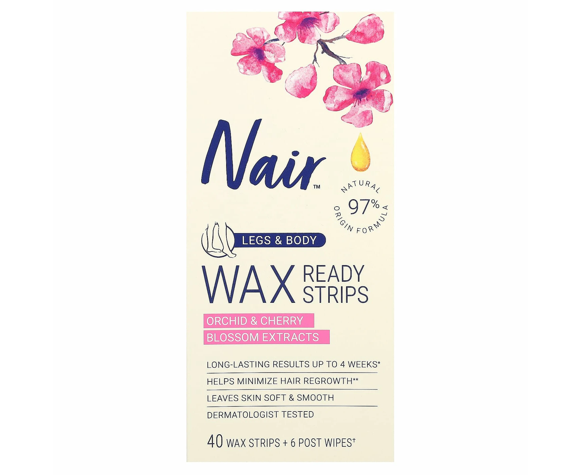 Nair, Wax Ready-Strips, For Legs & Body, Orchid & Cherry Blossom Extracts, 40 Wax Strips + 6 Post Wipes