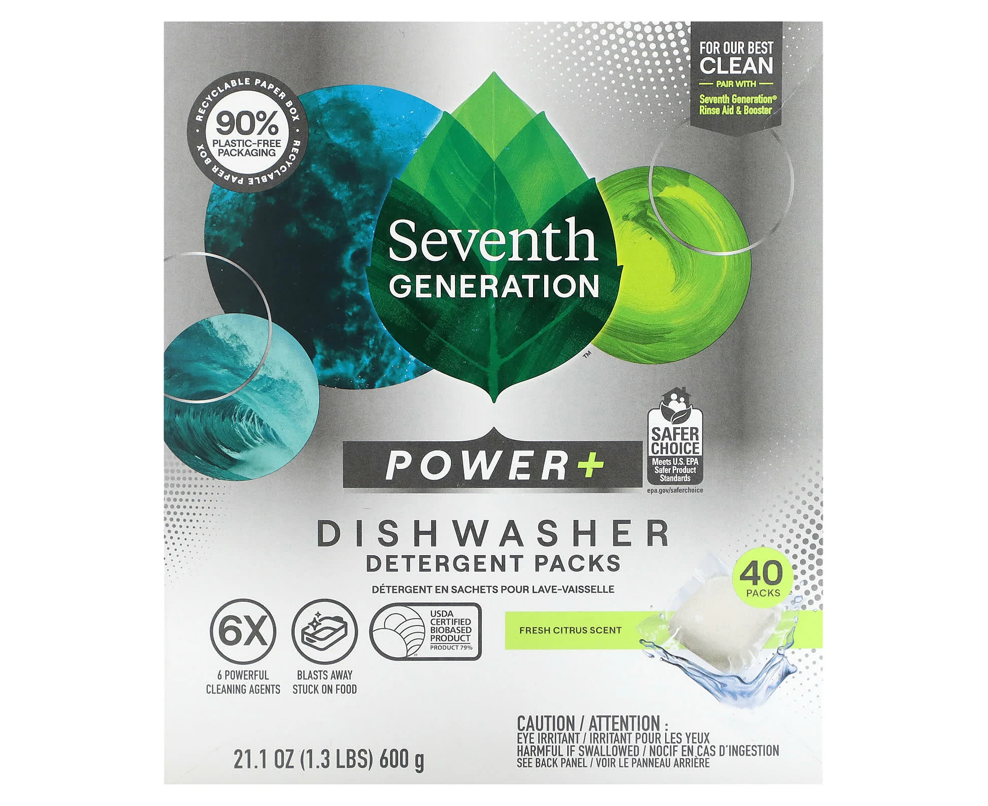 Seventh Generation, Power+ Dishwasher Detergent Packs, Fresh Citrus, 40 Packs, 21.1 oz (600 g)