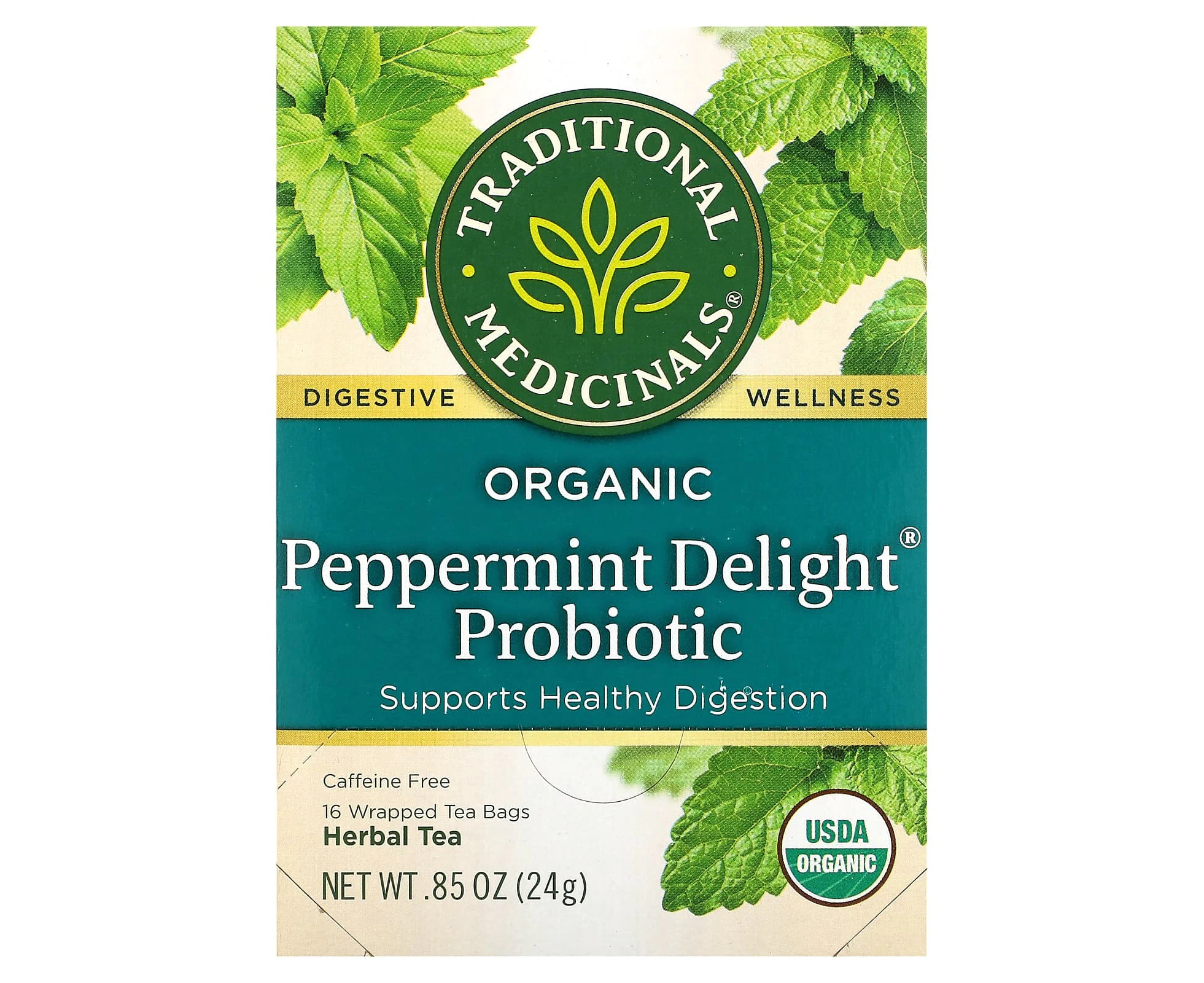 Traditional Medicinals, Organic Peppermint Delight Probiotic, Caffeine Free, 16 Wrapped Tea Bags, 0.85 oz (24 g)