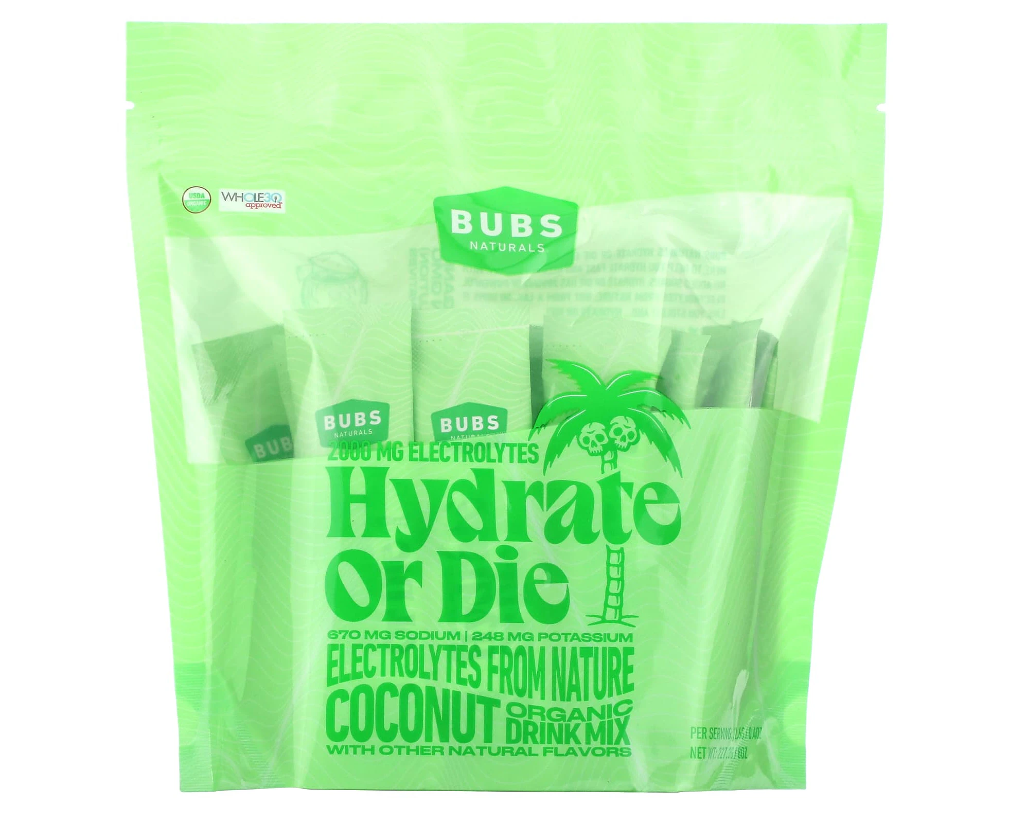 BUBS Naturals, Hydrate or Die, Organic Electrolyte Drink Mix, Coconut, 18 Sticks, 0.4 oz (12.6 g) Each