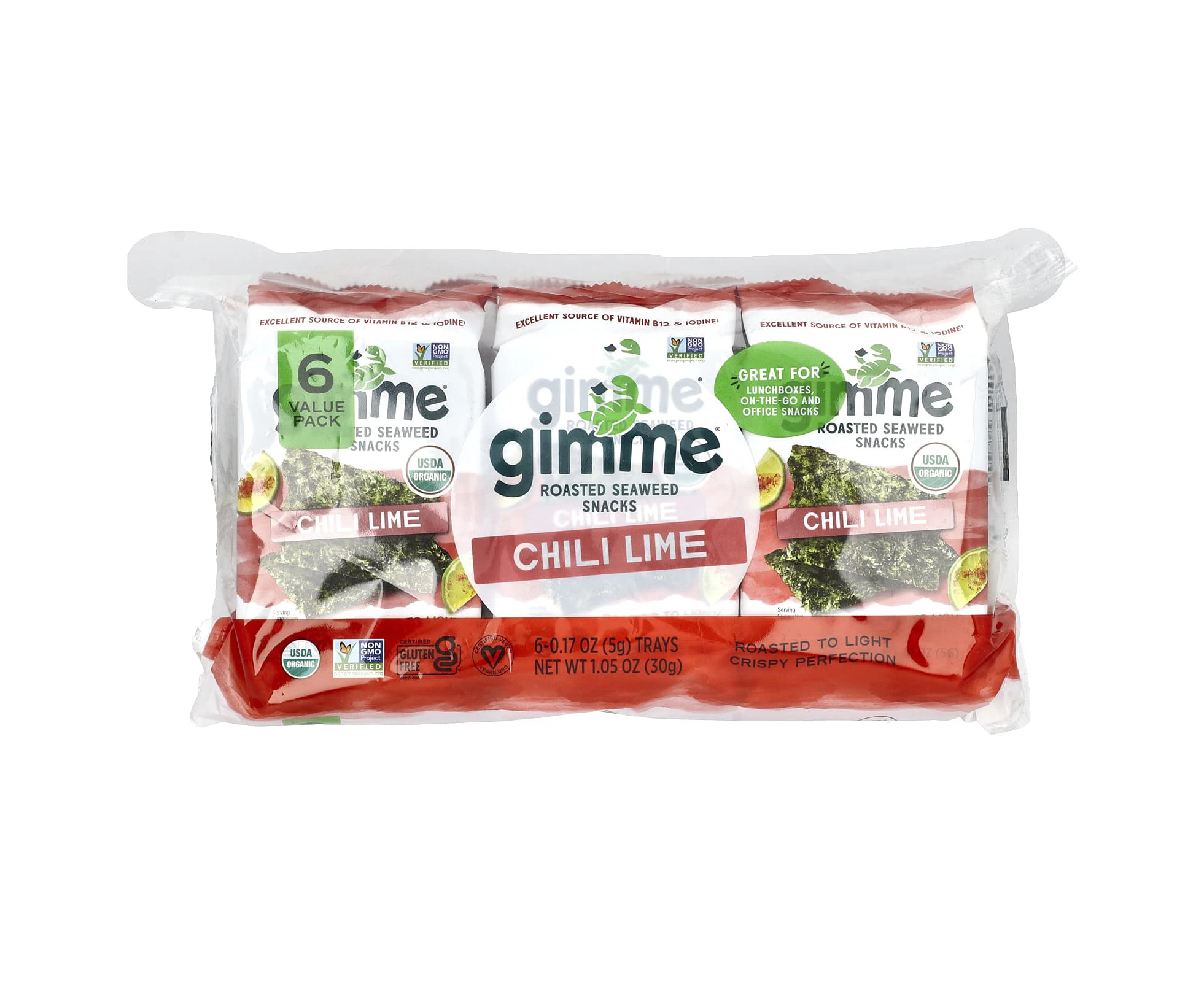 gimMe, Roasted Seaweed Snacks, Chili Lime, 6 Pack, 0.17 oz (5 g) Each