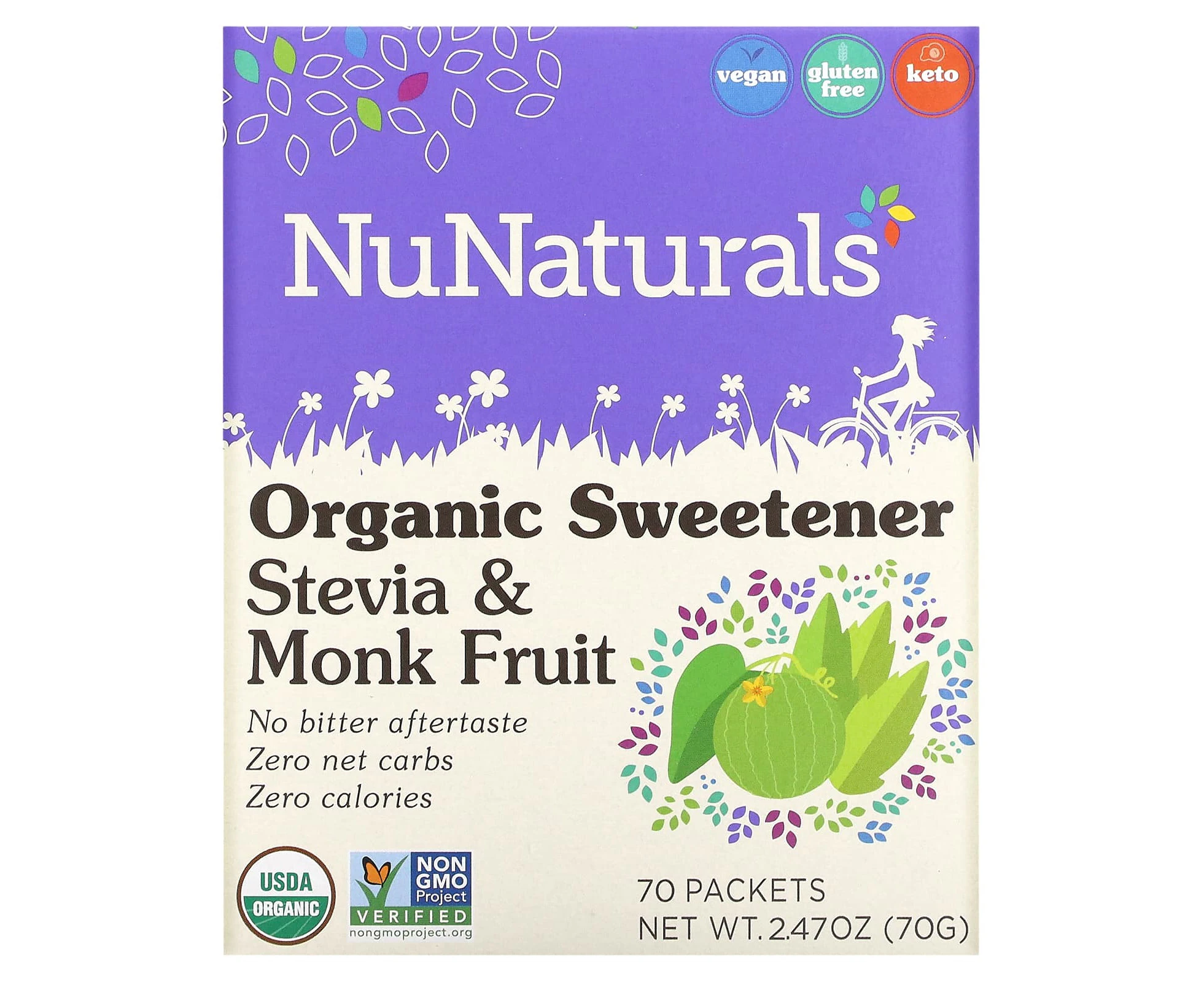 NuNaturals, Organic Sweetener, Stevia and Monk Fruit, 70 Packets, 2.47 oz (70 g)