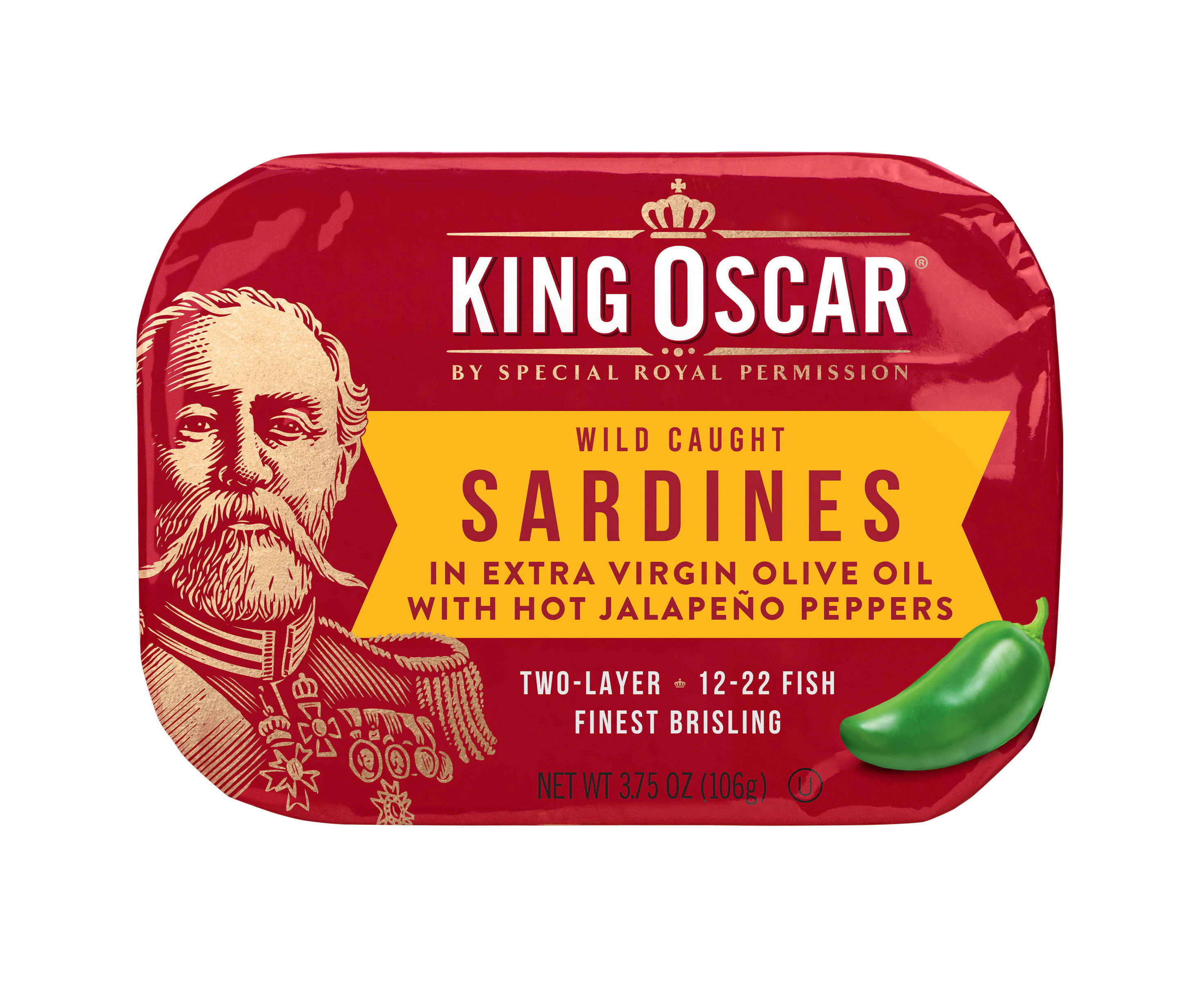 King Oscar, Wild Caught Sardine, In Extra Virgin Olive Oil with Hot Jalapeno Peppers, Hot, Two Layer, 3.75 oz (106 g)