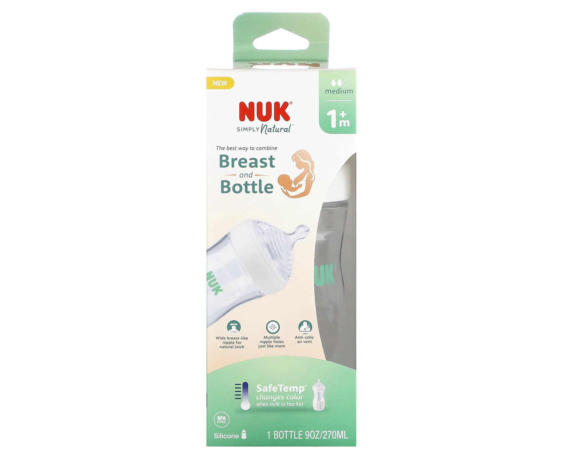 NUK, Simply Natural, Breast and Bottle with Safe Temp, 1+ Months, Medium Flow, 9 oz (270 ml)