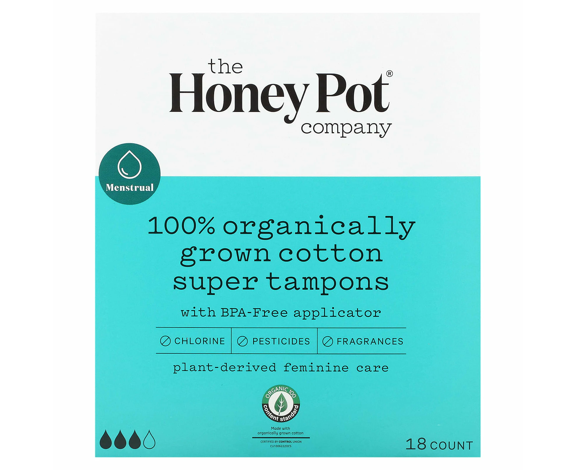 The Honey Pot Company, 100% Organically Grown Cotton Tampons, Super, 18 Count