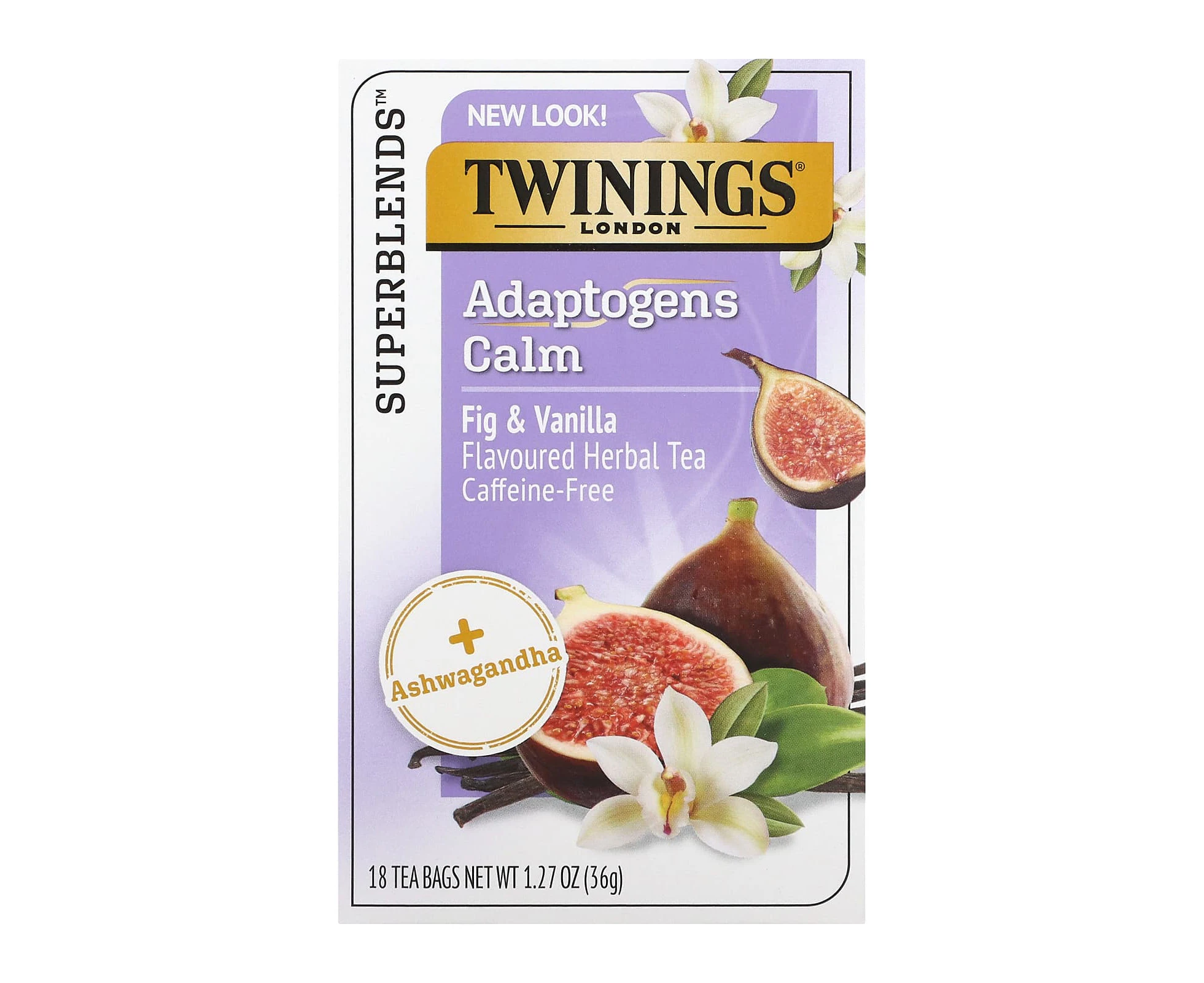 Twinings, Calm, Adaptogens, Fig & Vanilla Flavored Herbal Tea, Caffeine Free, 18 Tea Bags, 1.27 oz (36 g)