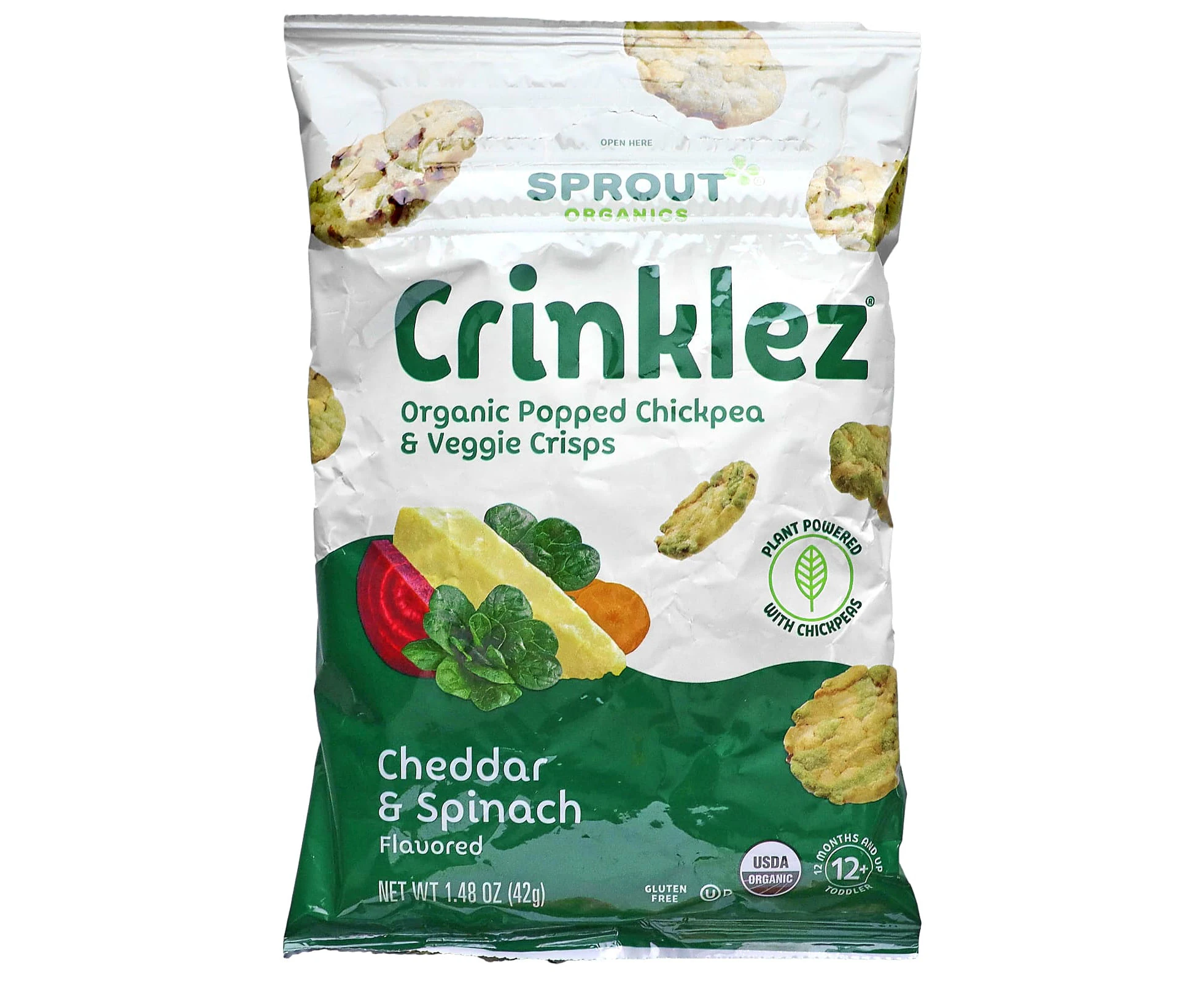 Sprout Organics, Crinklez, Organic Popped Chickpea & Veggie Crisp, 12 Months & Up, Cheddar & Spinach, 1.48 oz (42 g)