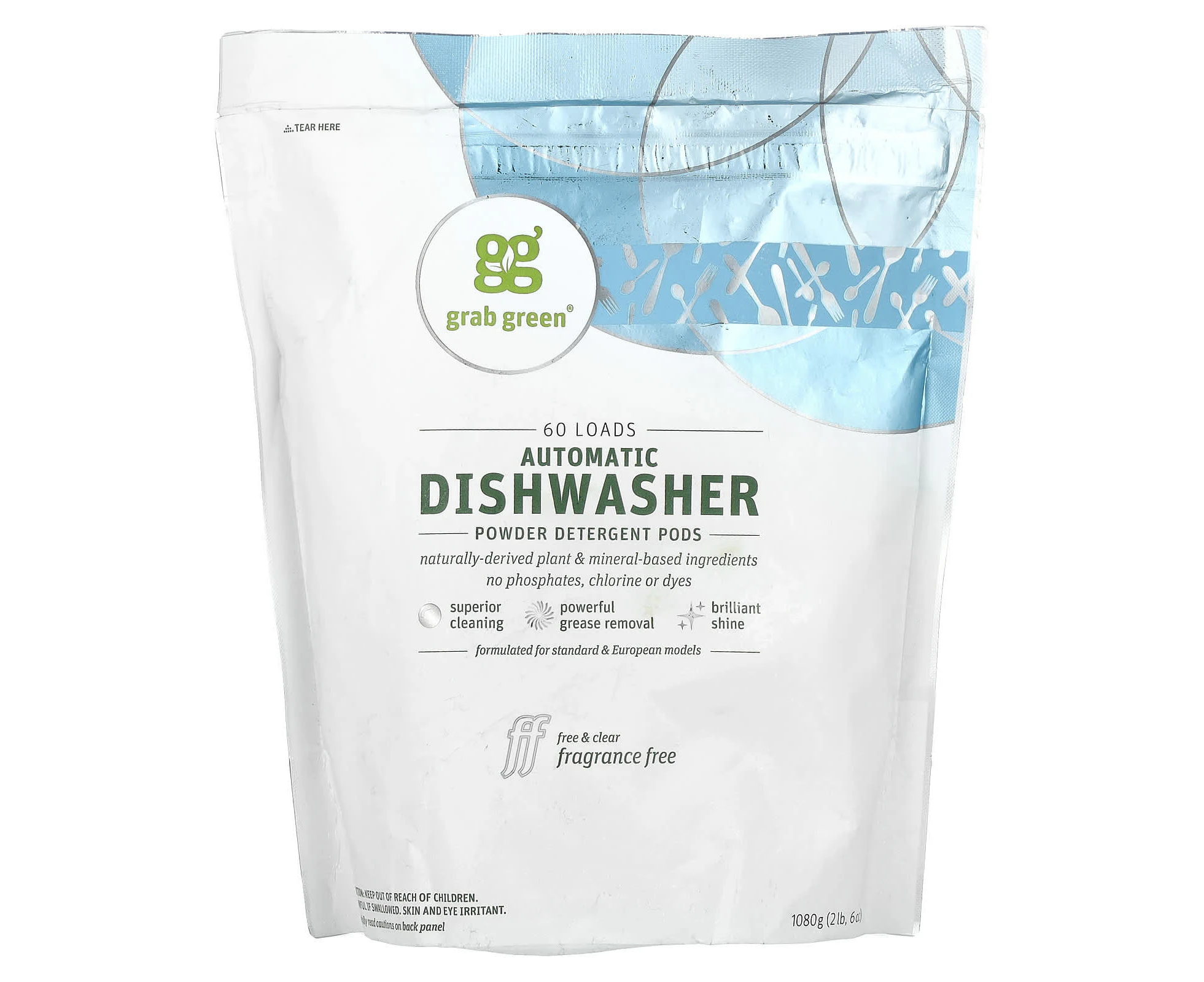 Grab Green, Automatic Dishwasher Powder Detergent Pods, Fragrance Free, 60 Loads, 2 lbs 6 oz (1,080 g)