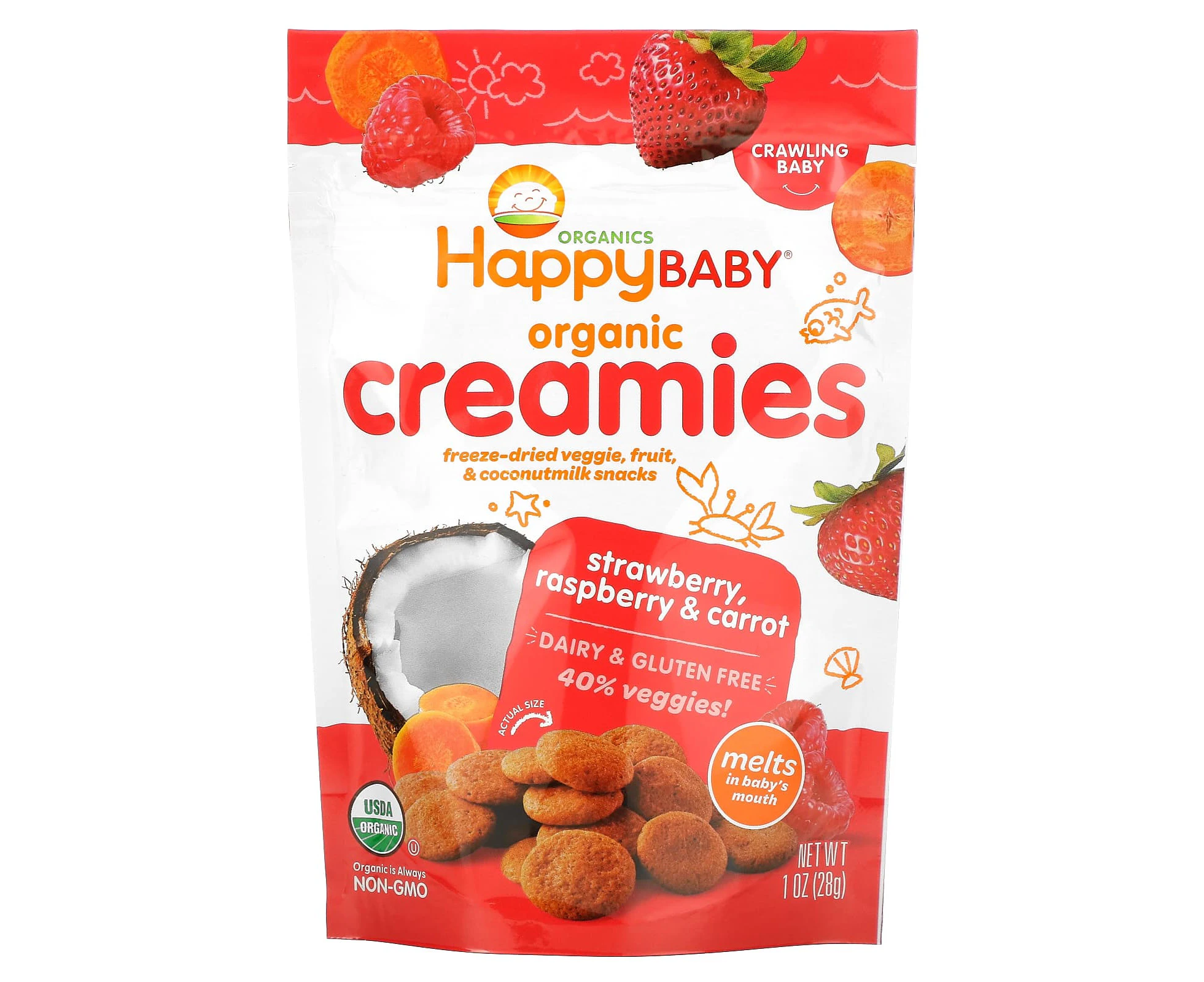 Happy Family Organics, Organic Creamies, Freeze-Dried Veggie, Fruit & Coconut Milk Snacks, Strawberry, Raspberry & Carrot, 1 oz (28 g)