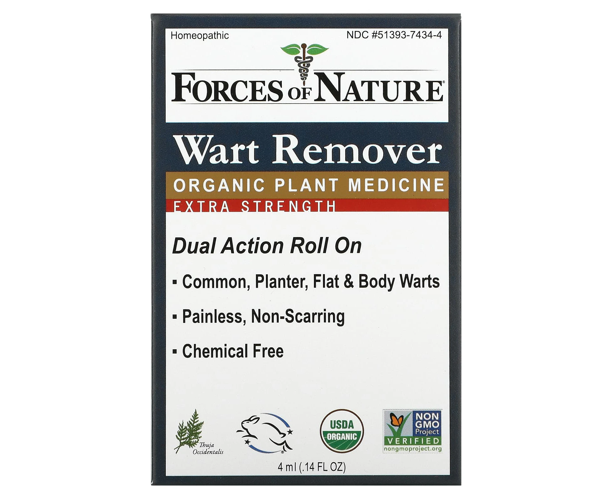 Forces of Nature, Wart Remover, Dual Action Roll On, Extra Strength, 0.14 oz (4 ml)