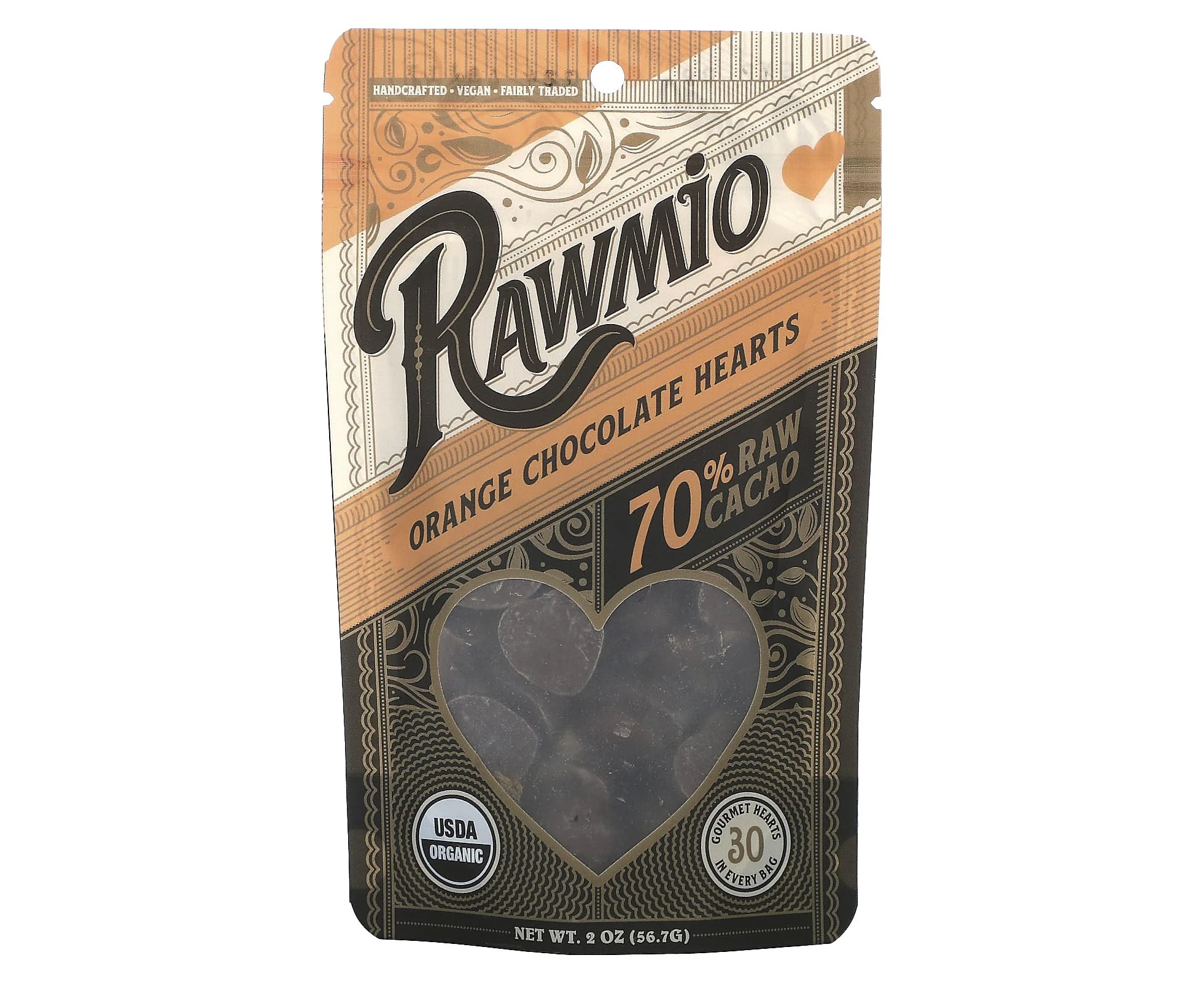 Rawmio, Orange Chocolate Hearts, 70% Raw Cacao, 2 oz (56.7 g)