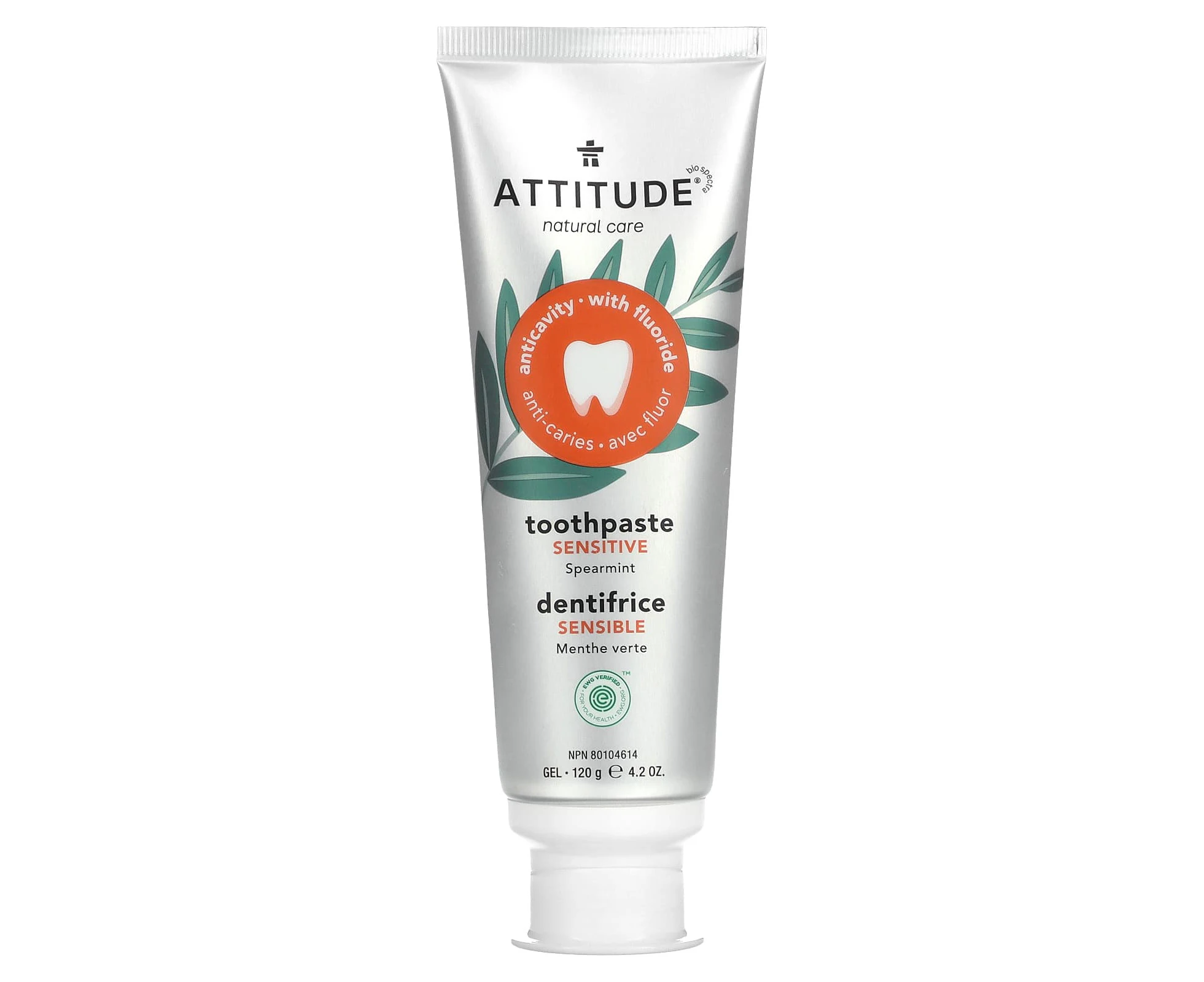 ATTITUDE, Sensitive Toothpaste Gel, Spearmint, 4.2 oz  (120 g)