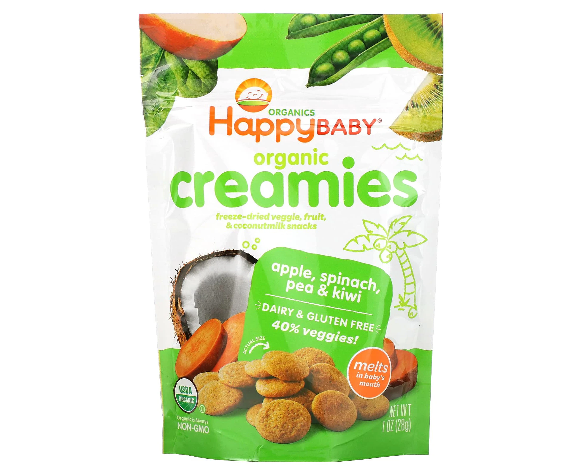 Happy Family Organics, Creamies, Freeze-Dried Veggie, Fruit & Coconut Milk Snacks, Apple, Spinach, Pea & Kiwi, 1 oz (28 g)