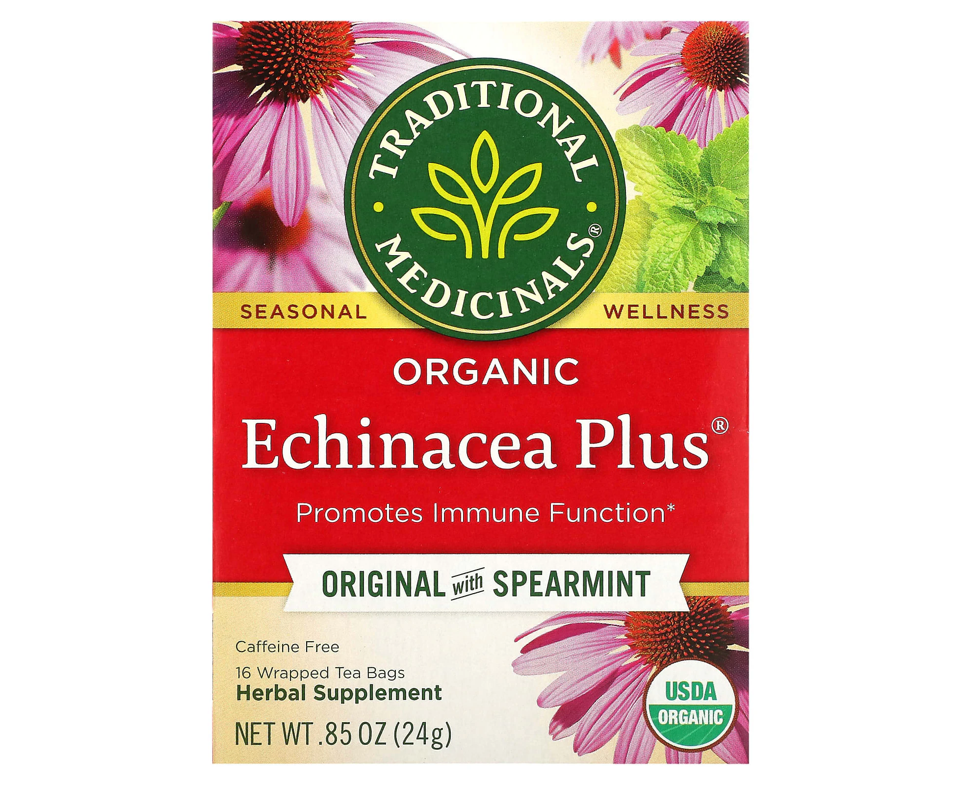 Traditional Medicinals, Organic Echinacea Plus, Original with Spearmint, Caffeine Free, 16 Wrapped Tea Bags, 0.85 oz (24 g)