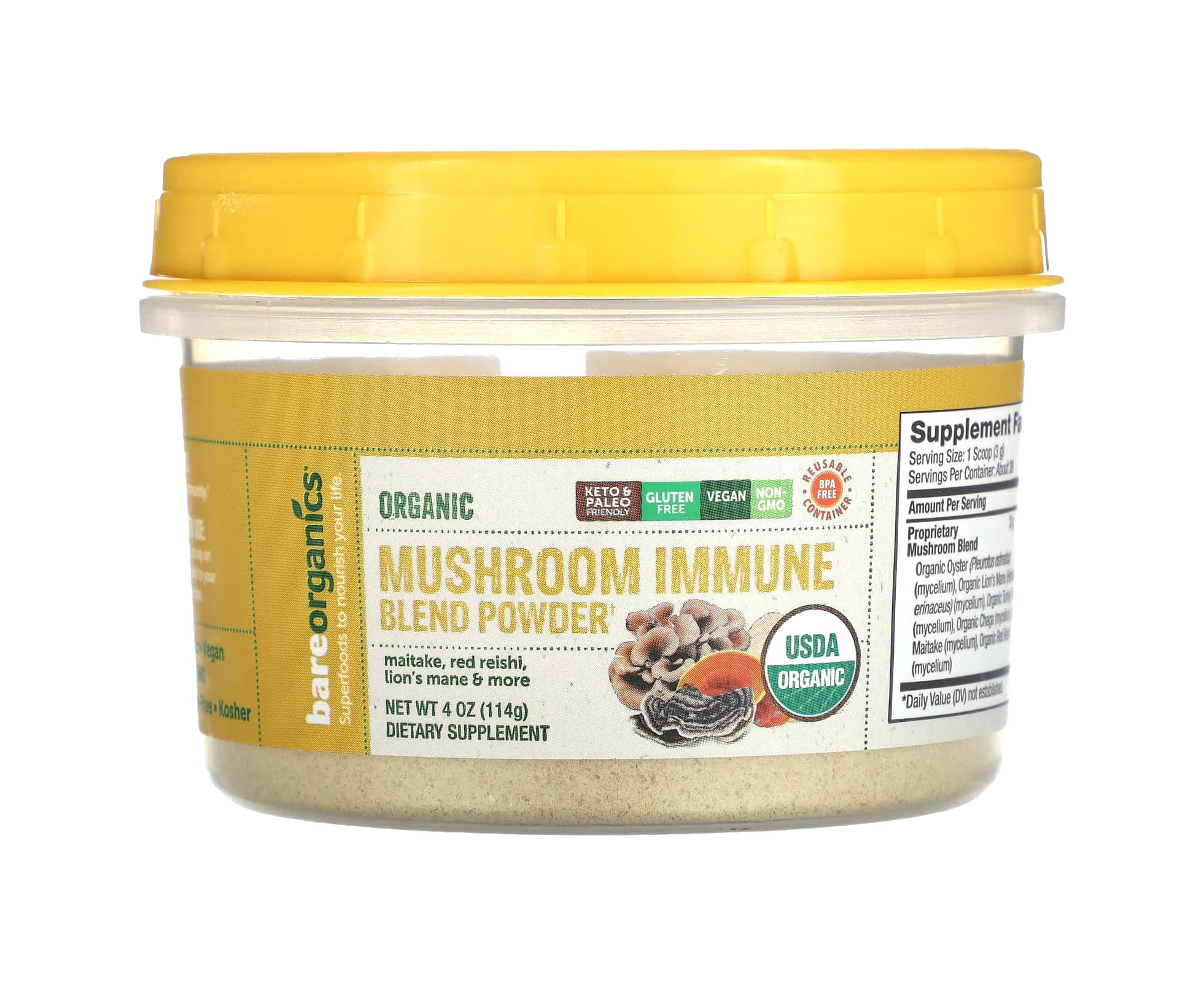 BareOrganics, Organic Mushroom Immune Blend Powder, 4 oz (114 g)