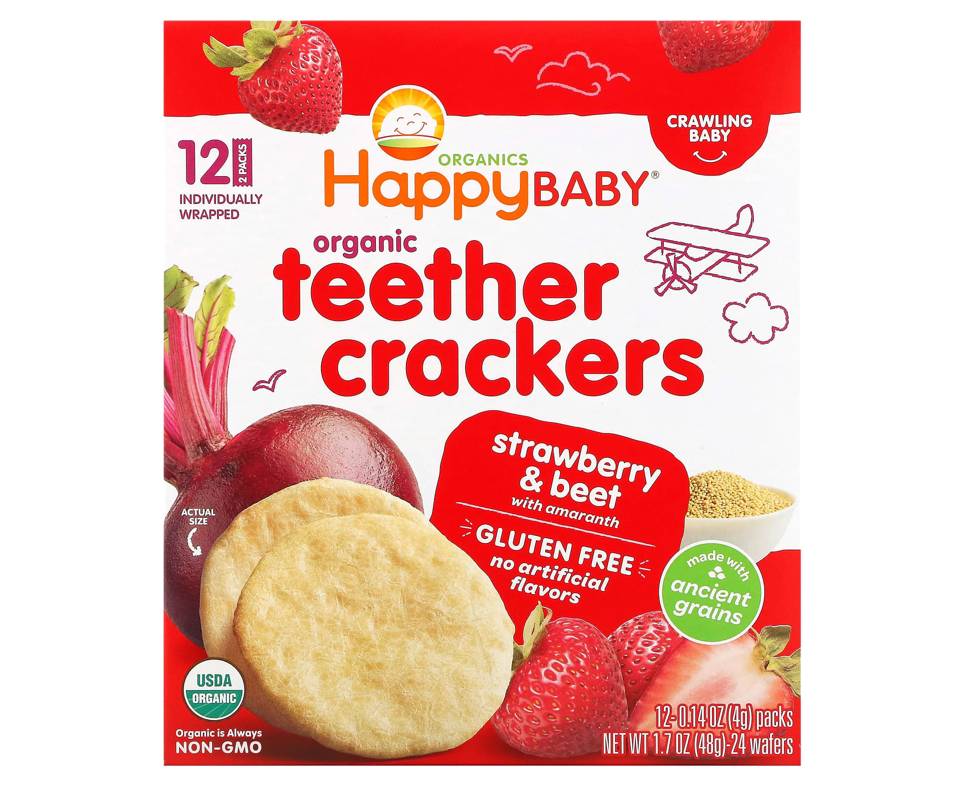 Happy Family Organics, Organic Teether Crackers, Strawberry & Beet with Amaranth, 12 Packs, 0.14 oz (4 g) Each