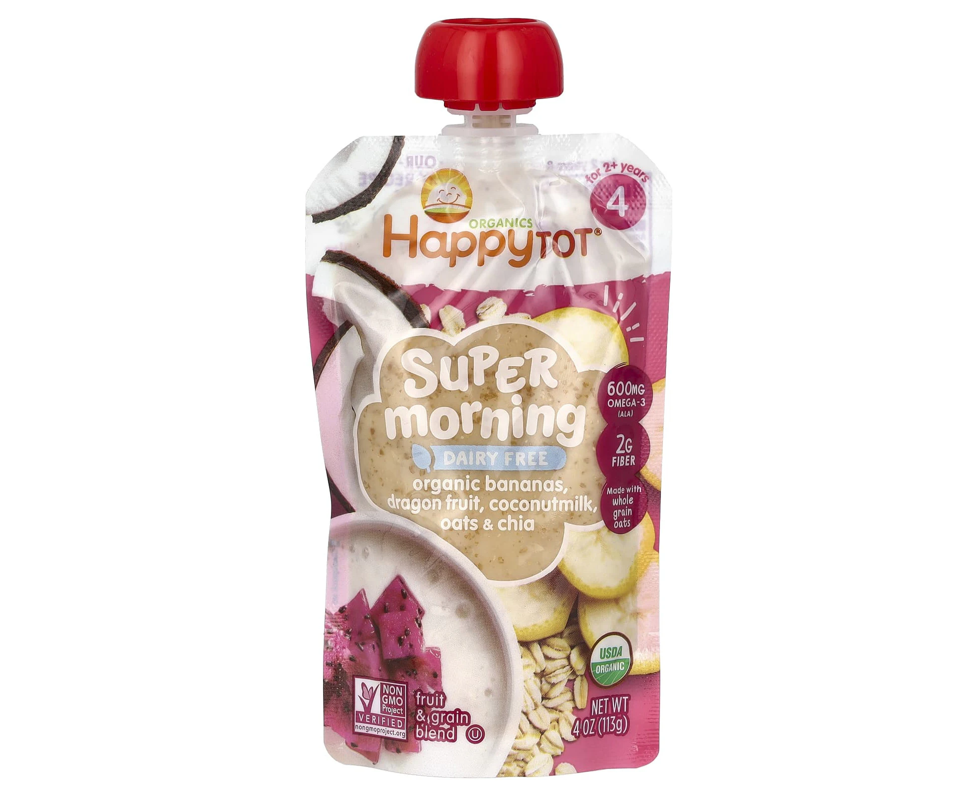 Happy Family Organics, Happy Tot, Super Morning, Dairy Free, For 2+ Years, Organic Bananas, Dragon Fruit, Coconutmilk, Oats & Chia, 4 oz (113 g)