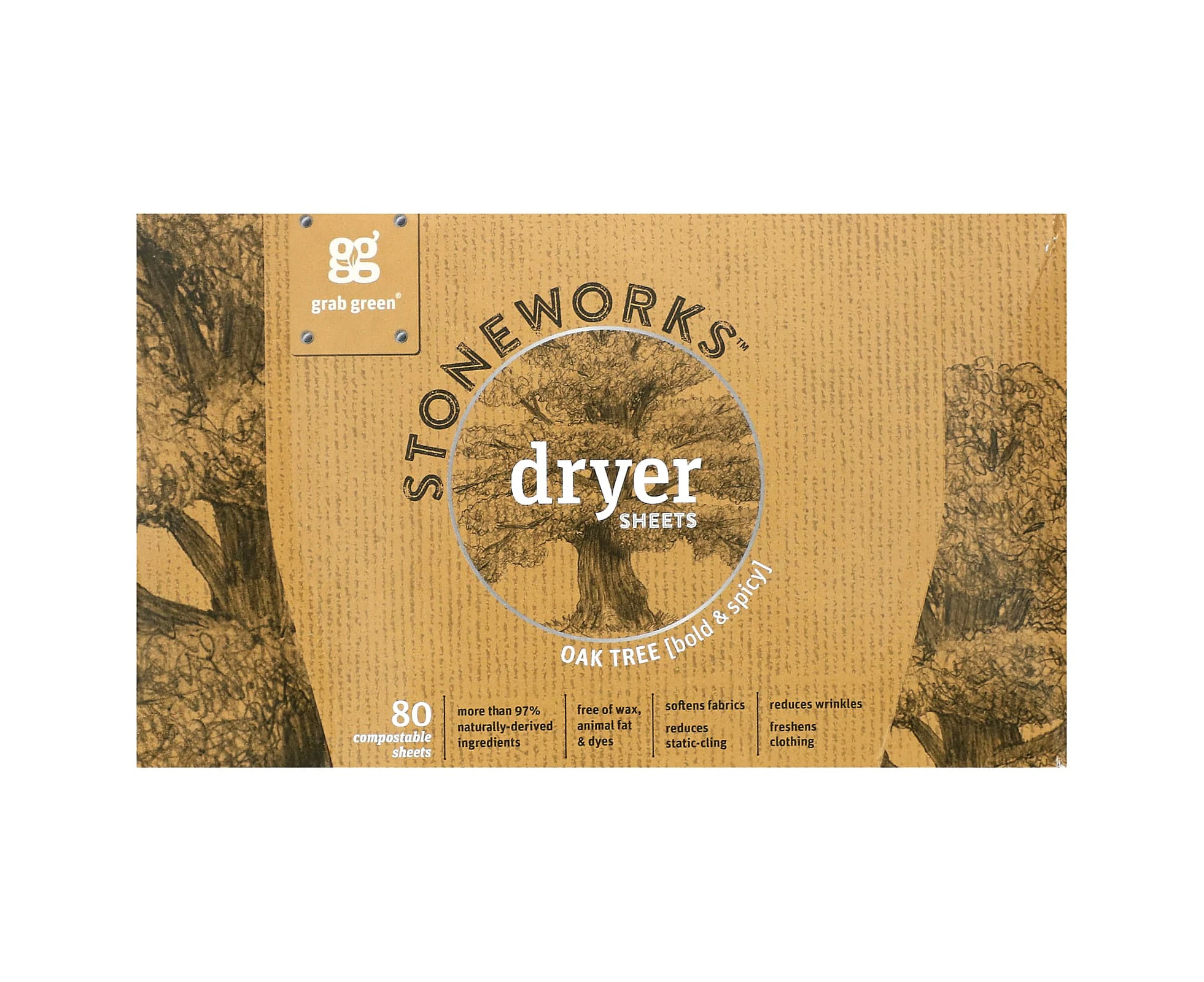 Grab Green, Stoneworks, Dryer Sheets, Oak Tree, 80 Compostable Sheets