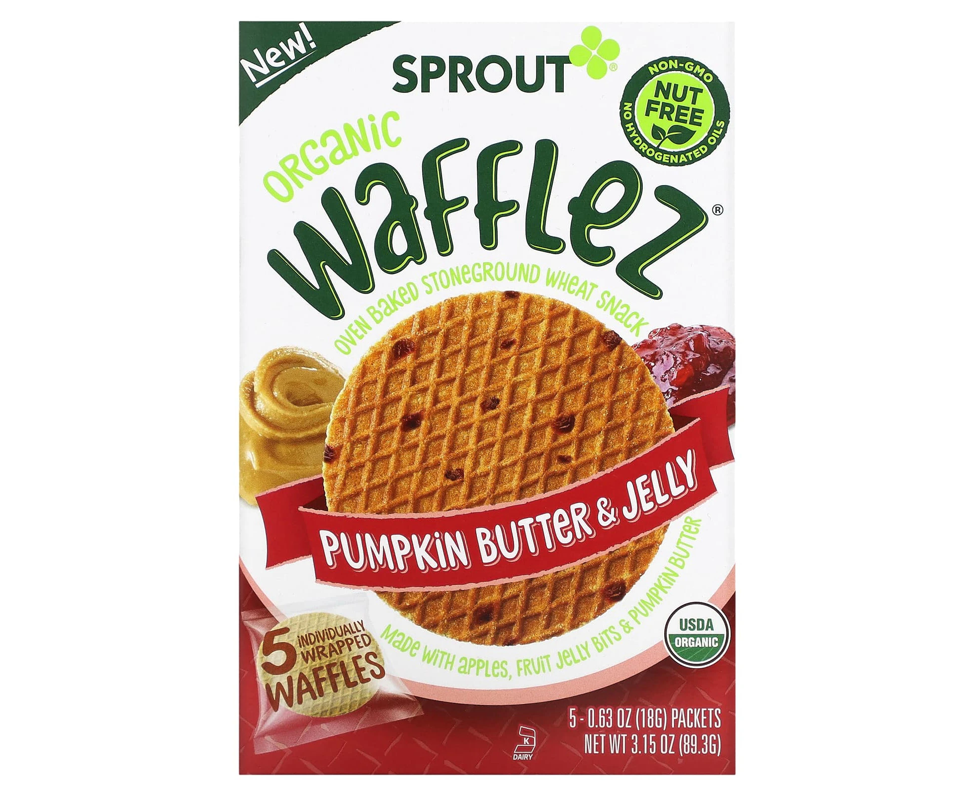 Sprout Organics, Wafflez, Pumpkin Butter & Jelly, 5 Packets, 0.63 oz (18 g) Each