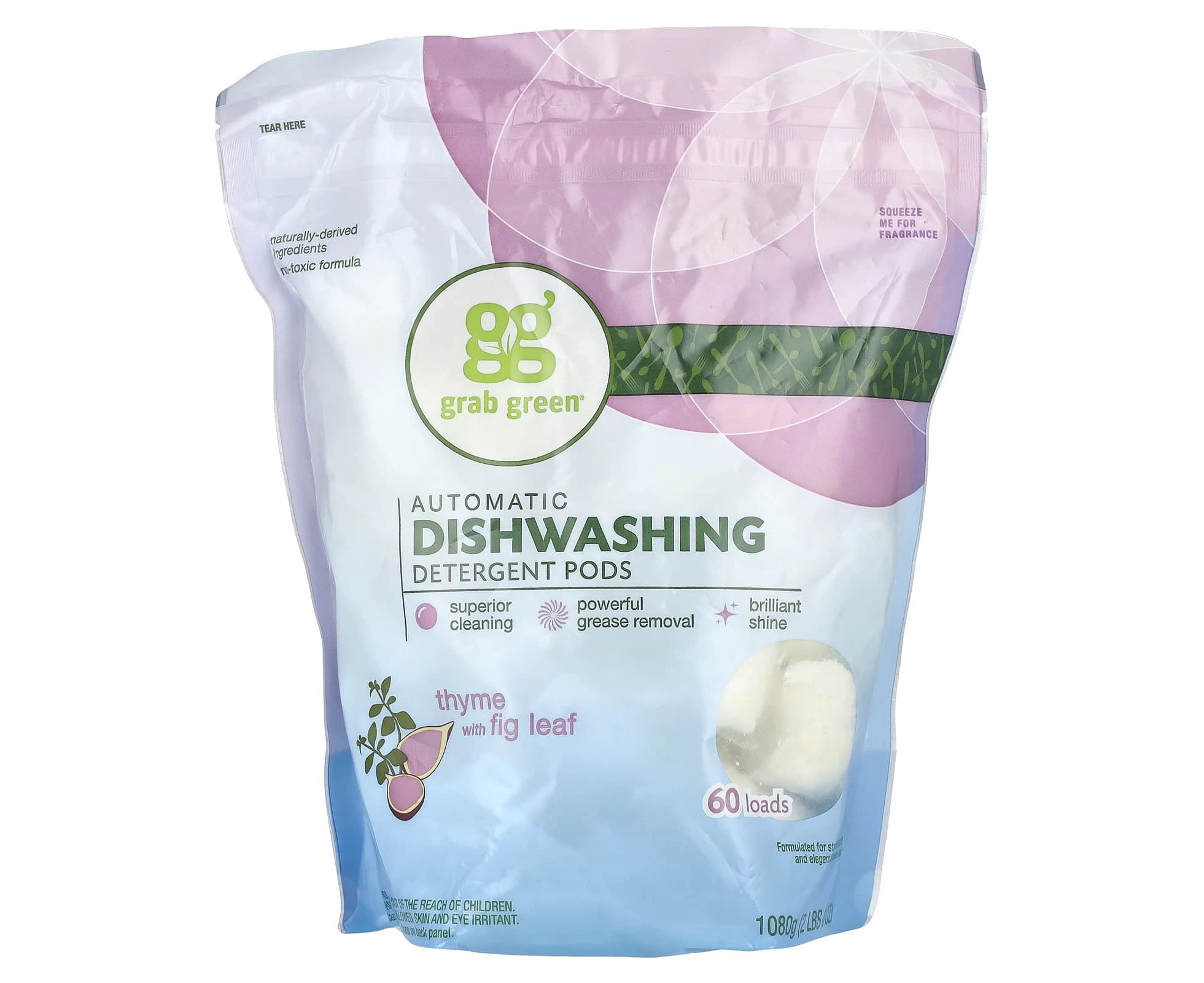 Grab Green, Automatic Dishwashing Detergent Pods, Thyme with Fig Leaf, 60 Loads, 2 lbs, 6 oz (1,080 g)