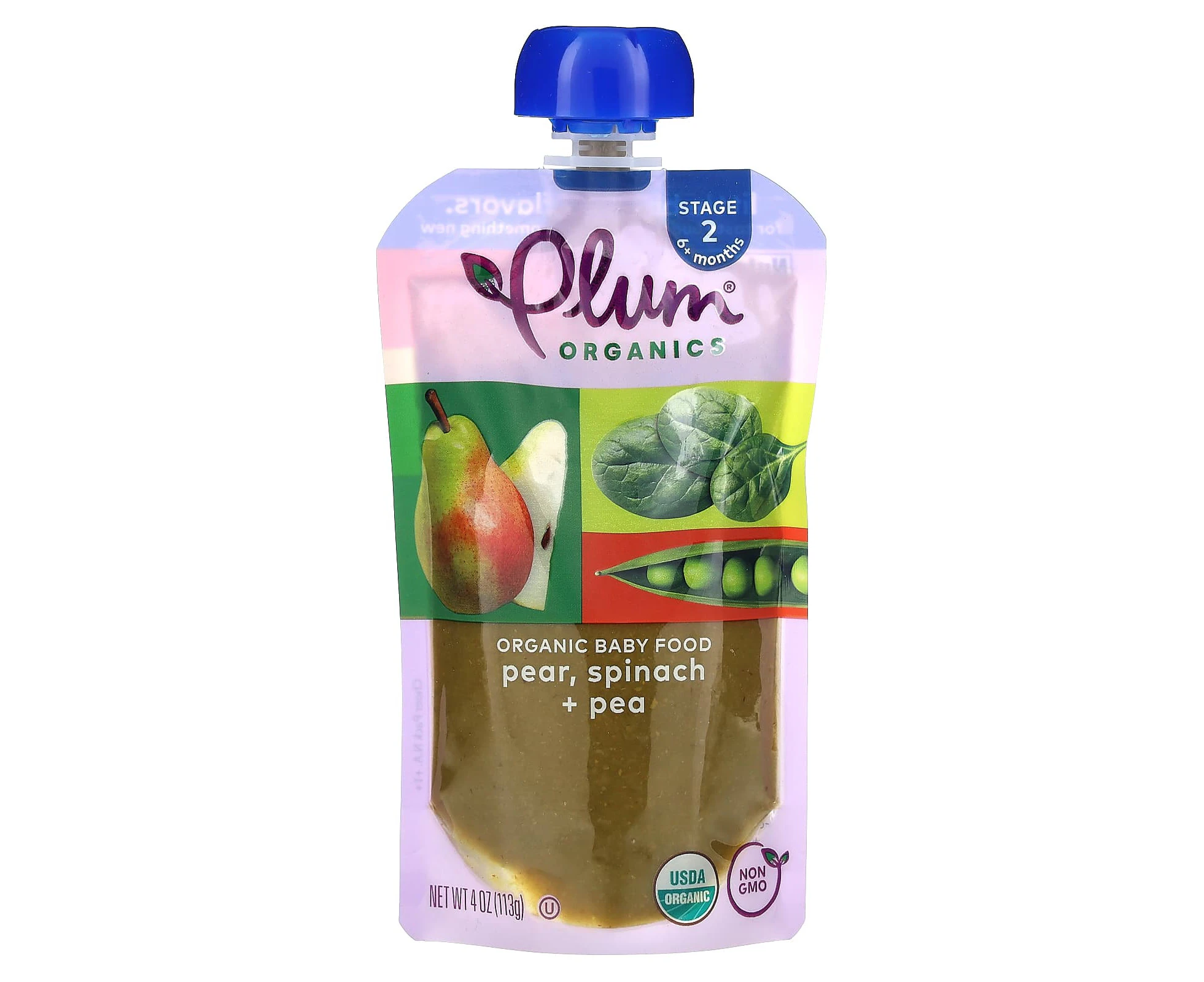 Plum Organics, Organic Baby Food, 6+ Months, Pear, Spinach + Pea, 4 oz (113 g)