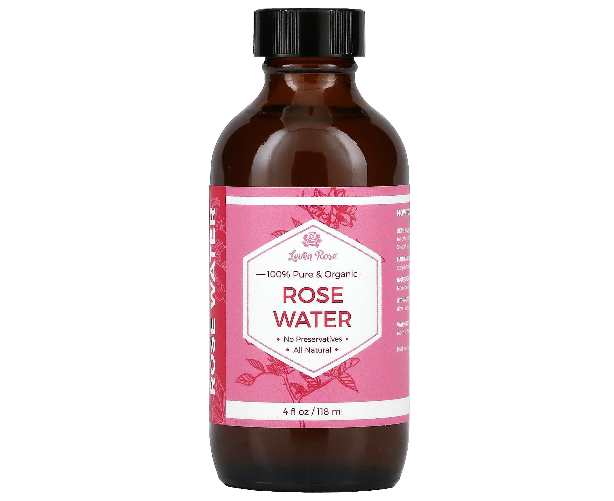 Leven Rose, 100% Pure & Organic, Rose Water, 4 fl oz (118 ml)