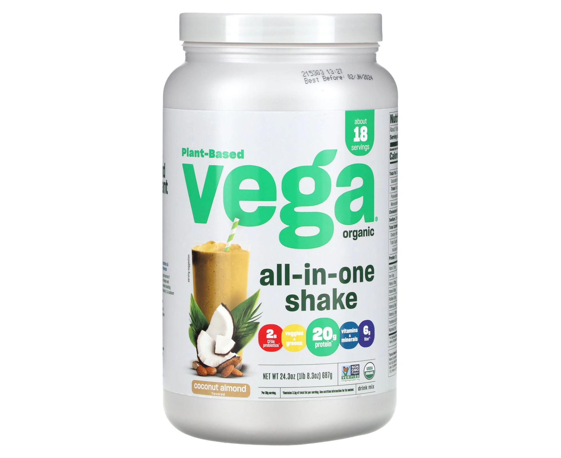 Vega, Plant-Based Organic All-In-One Shake, Coconut Almond, 24.3 oz (687 g)