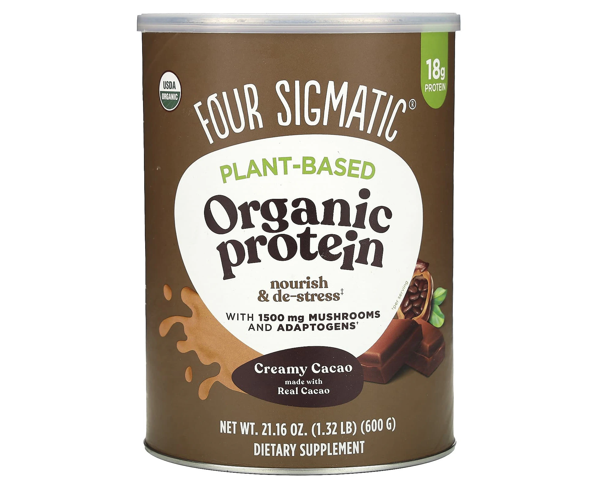 Four Sigmatic, Plant-Based Organic Protein with Mushrooms & Adaptogens, Creamy Cacao, 1.32 lbs (600 g)