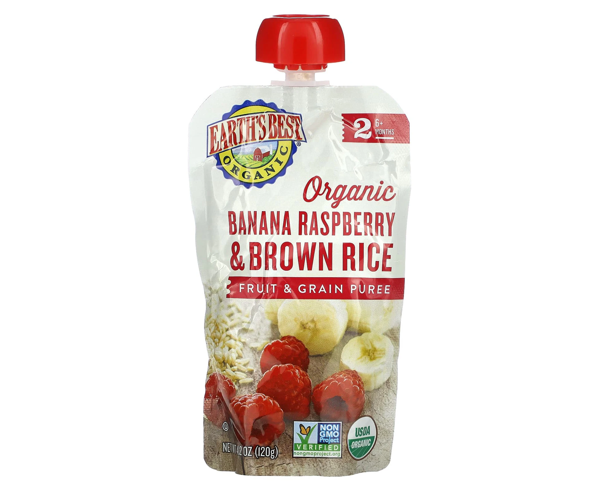 Earth's Best, Organic Fruit & Grain Puree, 6+ Months, Banana Raspberry & Brown Rice, 4.2 oz (120 g)