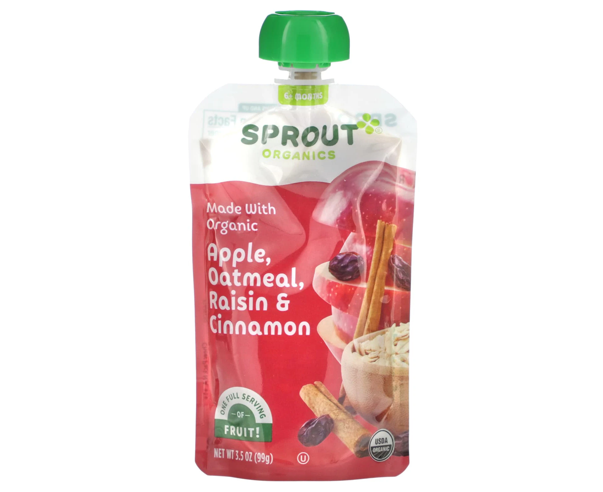 Sprout Organics, Baby Food, 6 Months & Up, Apple, Oatmeal, Raisin & Cinnamon, 3.5 oz (99 g)