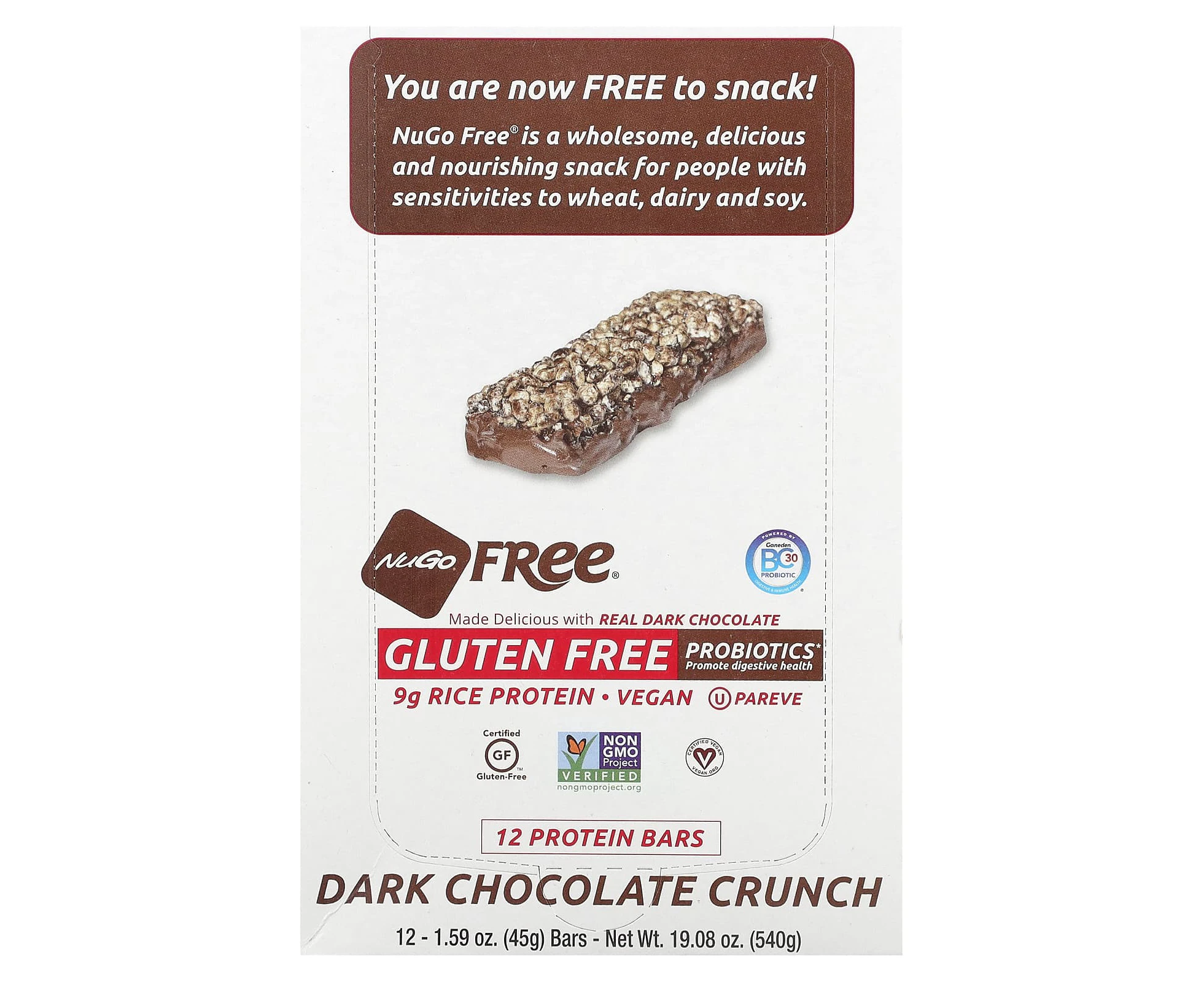 NuGo Nutrition, Gluten Free Protein Bar, Dark Chocolate Crunch, 12 Bars, 1.59 oz (45 g) Each