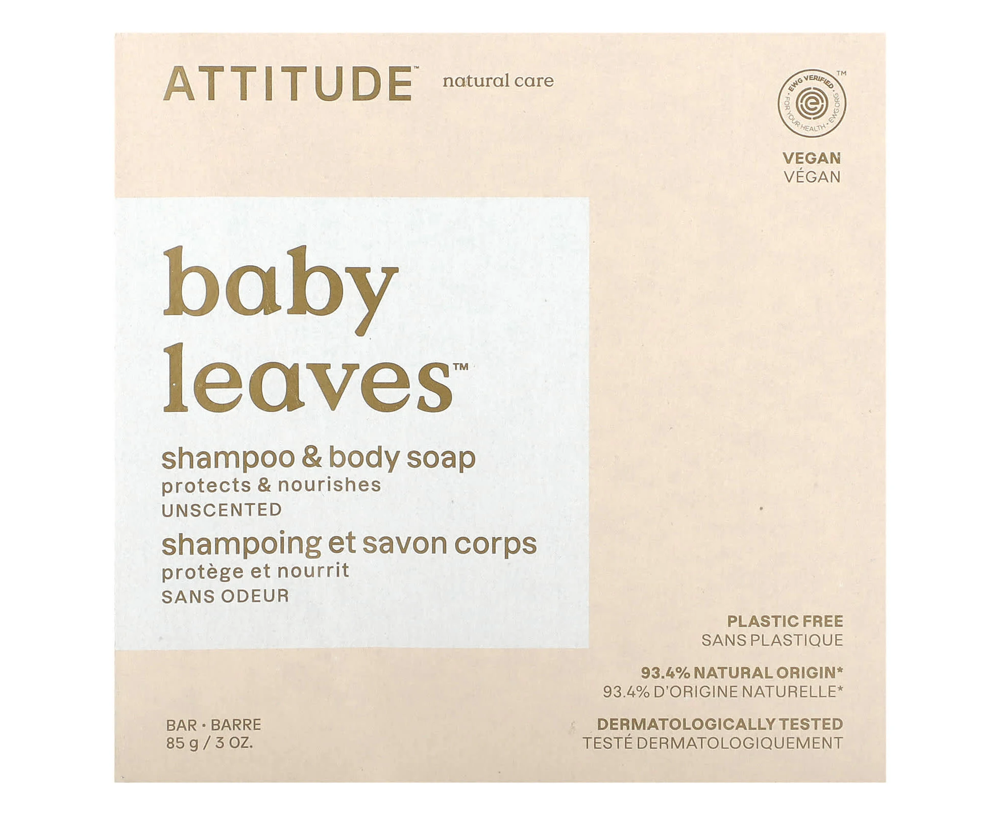 ATTITUDE, Baby Leaves, Shampoo & Body Bar Soap, Unscented, 3 oz (85 g)