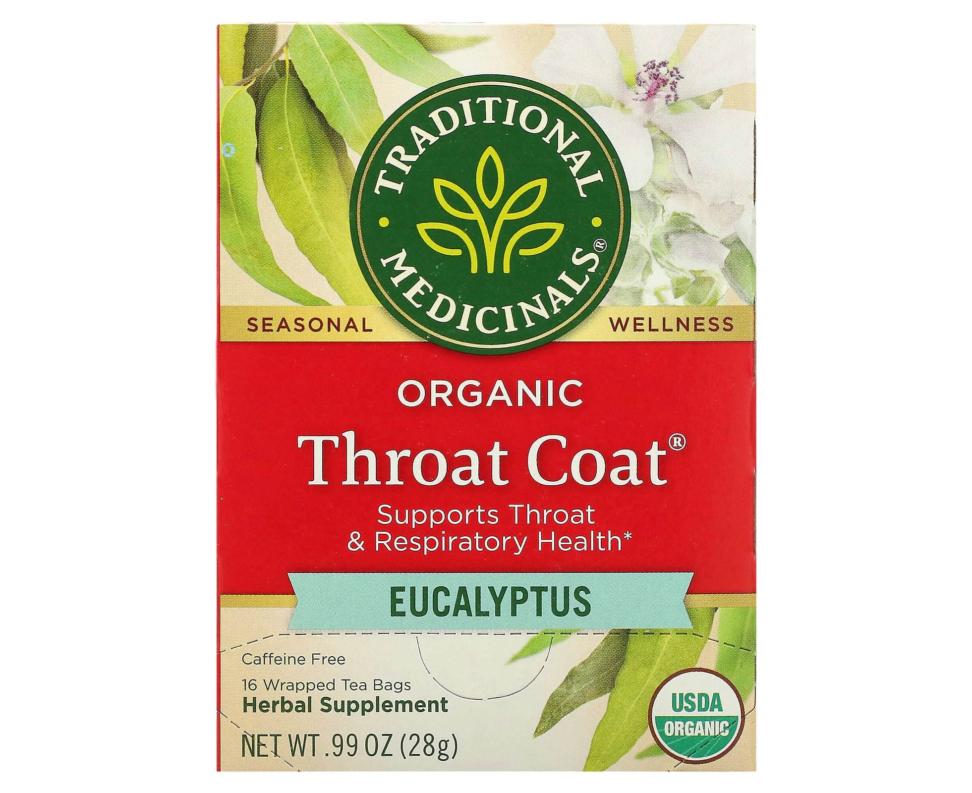 Traditional Medicinals, Organic Throat Coat, Eucalyptus, Caffeine Free, 16 Wrapped Tea Bags, 0.99 oz (28 g)