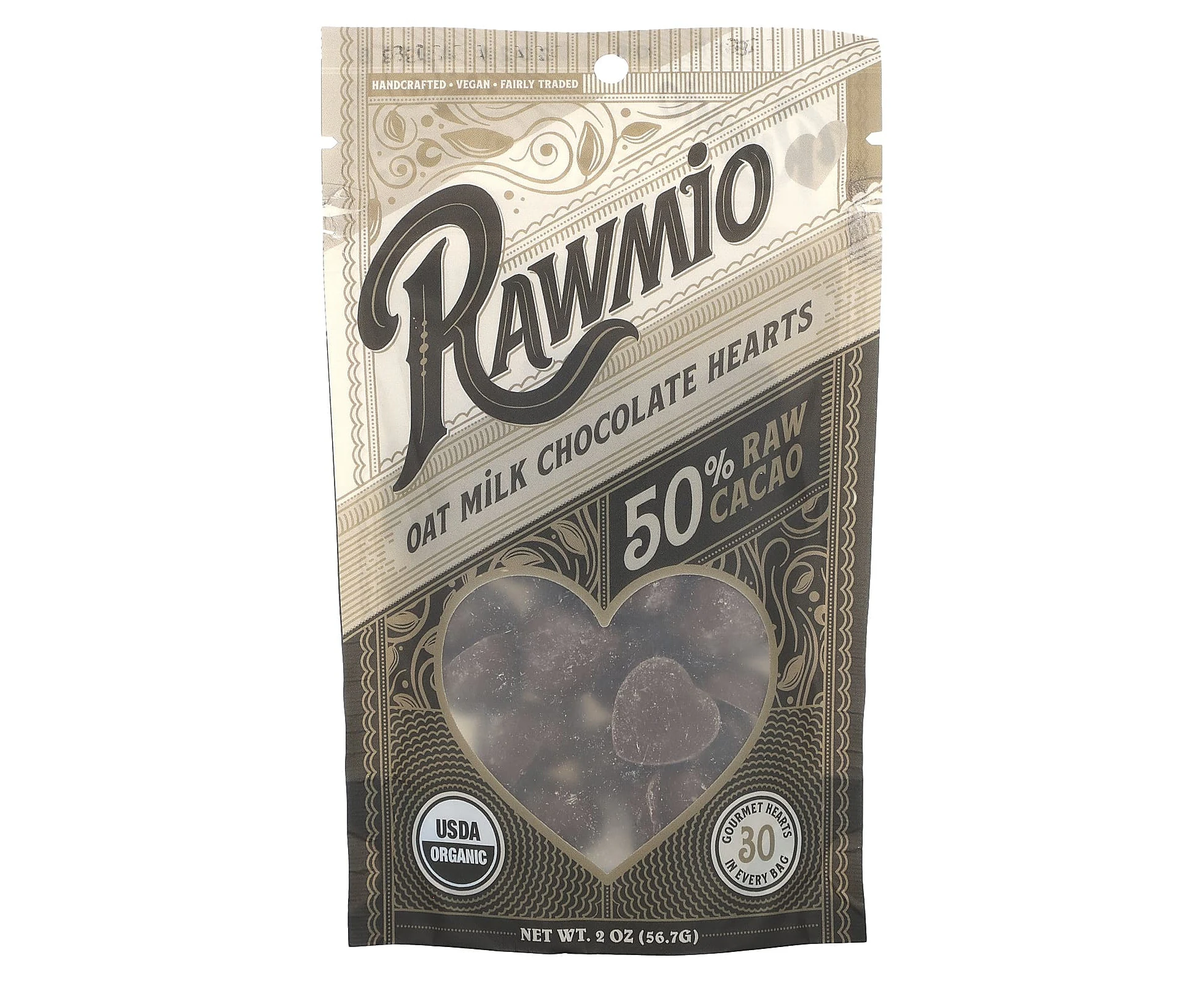 Rawmio, Oat Milk Chocolate Hearts, 50% Raw Cacao, 2 oz (56.7 g)