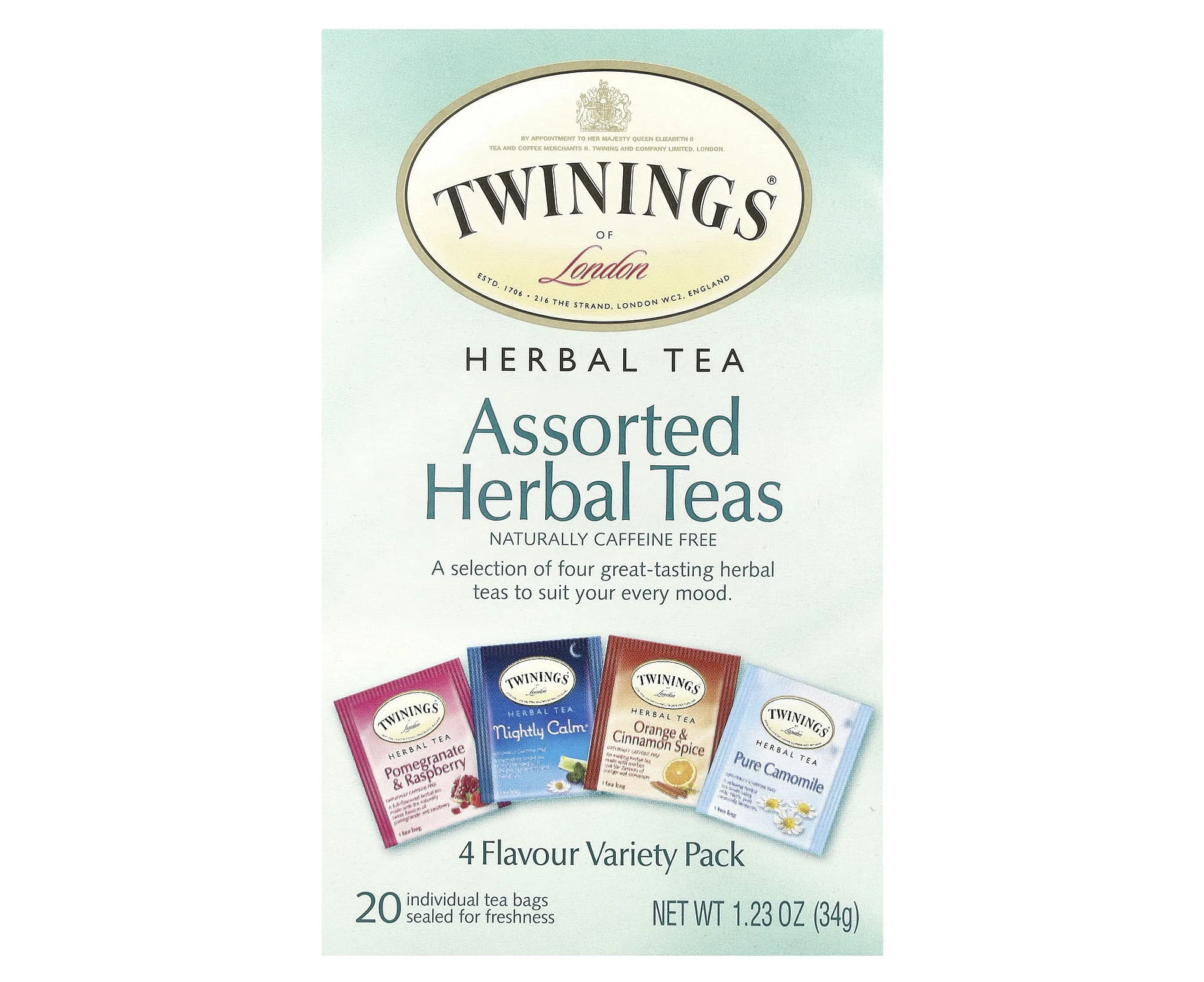 Twinings, Assorted Herbal Teas, Variety Pack, Caffeine Free, 20 Tea Bags, 1.23 oz (34 g)