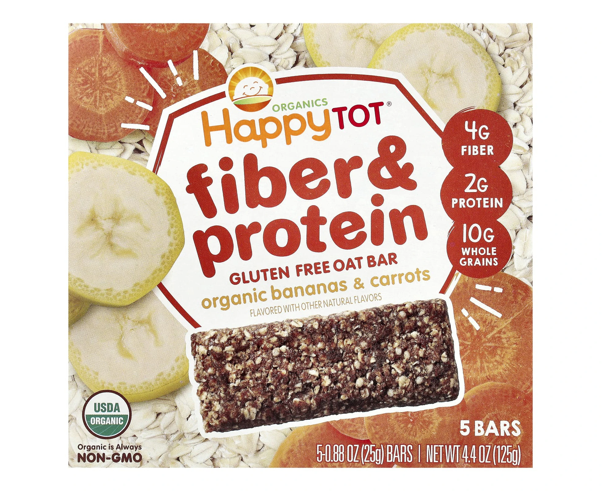 Happy Family Organics, Organics HappyTot¬Æ, Fiber & Protein Oat Bar, Organic Bananas & Carrots, 5 Bars, 0.88 oz (25 g) Each