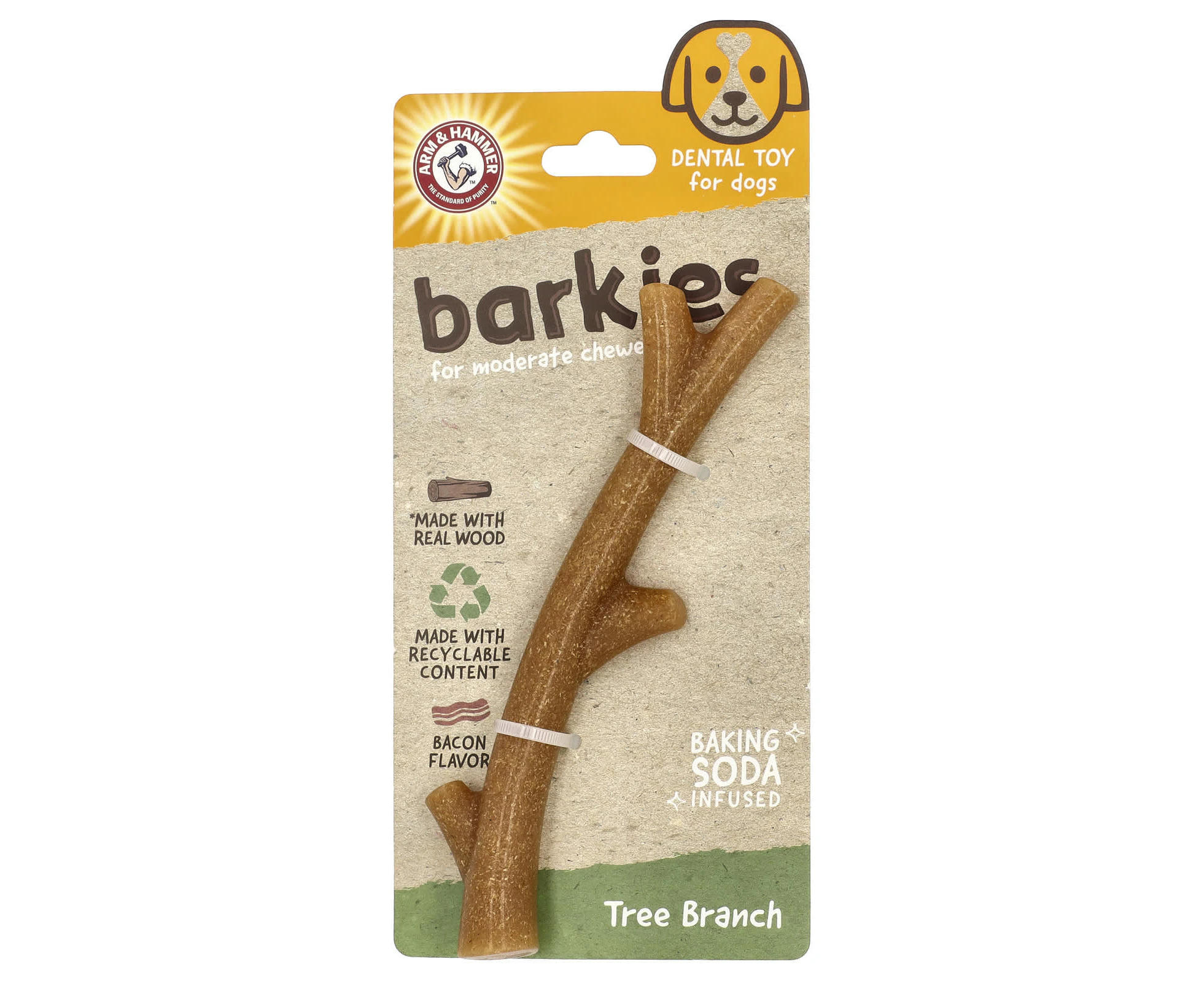 Arm & Hammer, Barkies for Moderate Chewers, For Dogs, Tree Branch, Bacon, 1 Toy