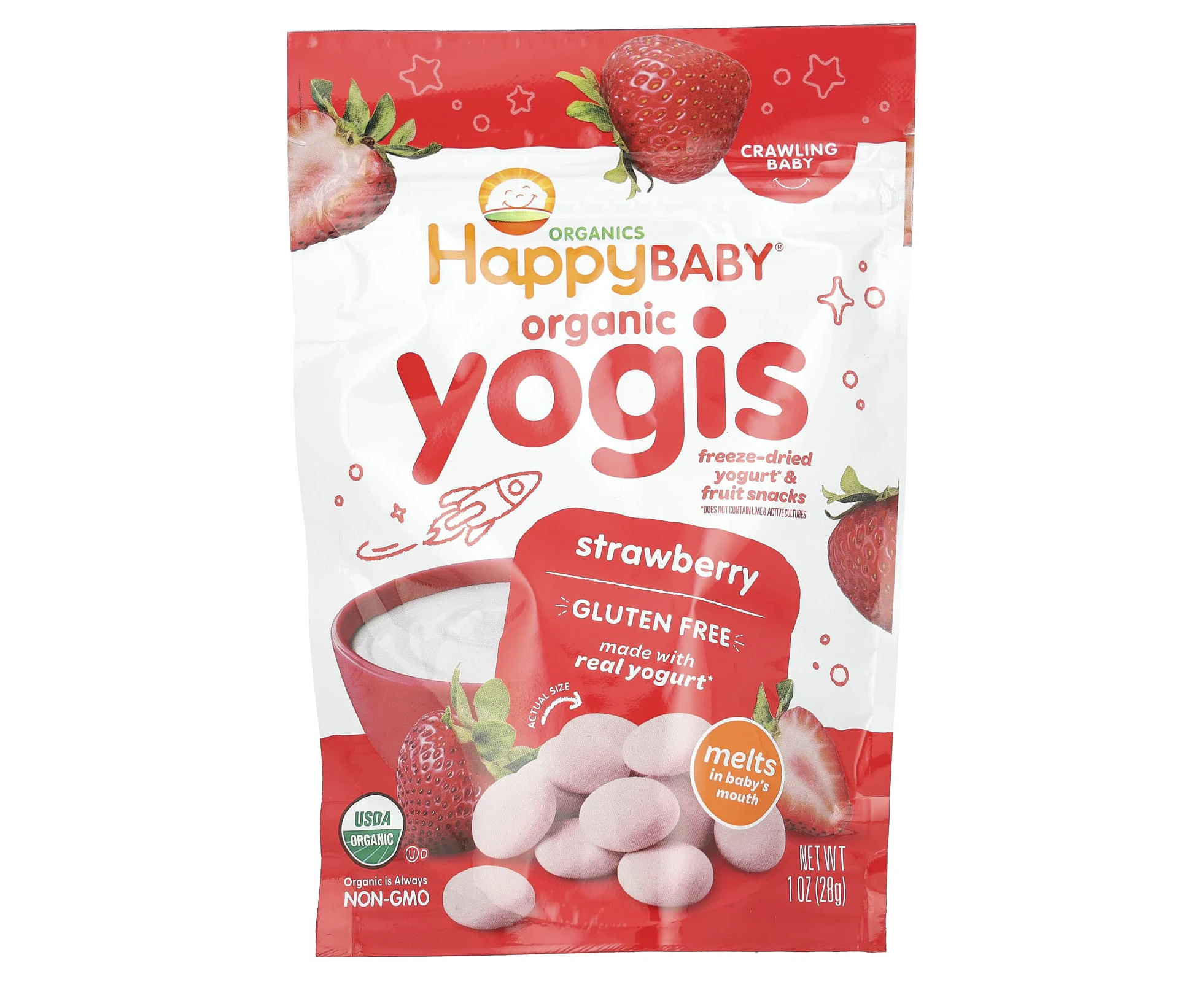 Happy Family Organics, Happy Baby, Organic Yogis, Freeze Dried Yogurt & Fruit Snacks, Strawberry, 1 oz (28 g)