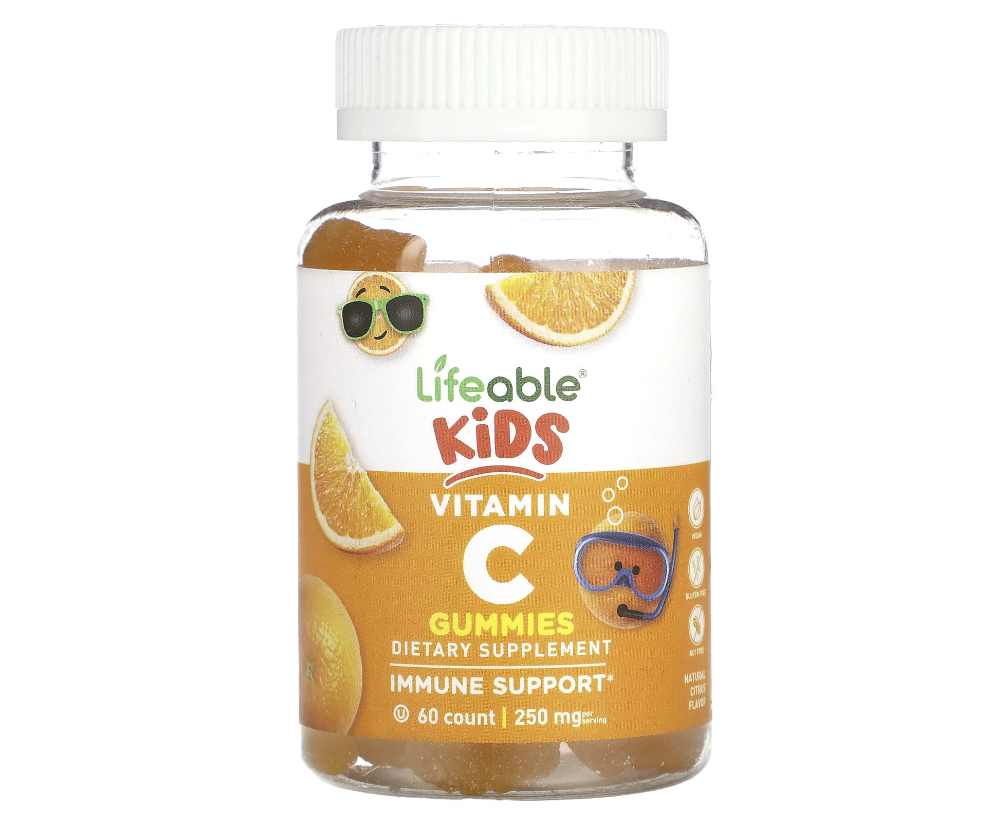 Lifeable, Kids Vitamin C Gummies, Natural Citrus, 250 mg, 60 Gummies (125 mg per Gummy)