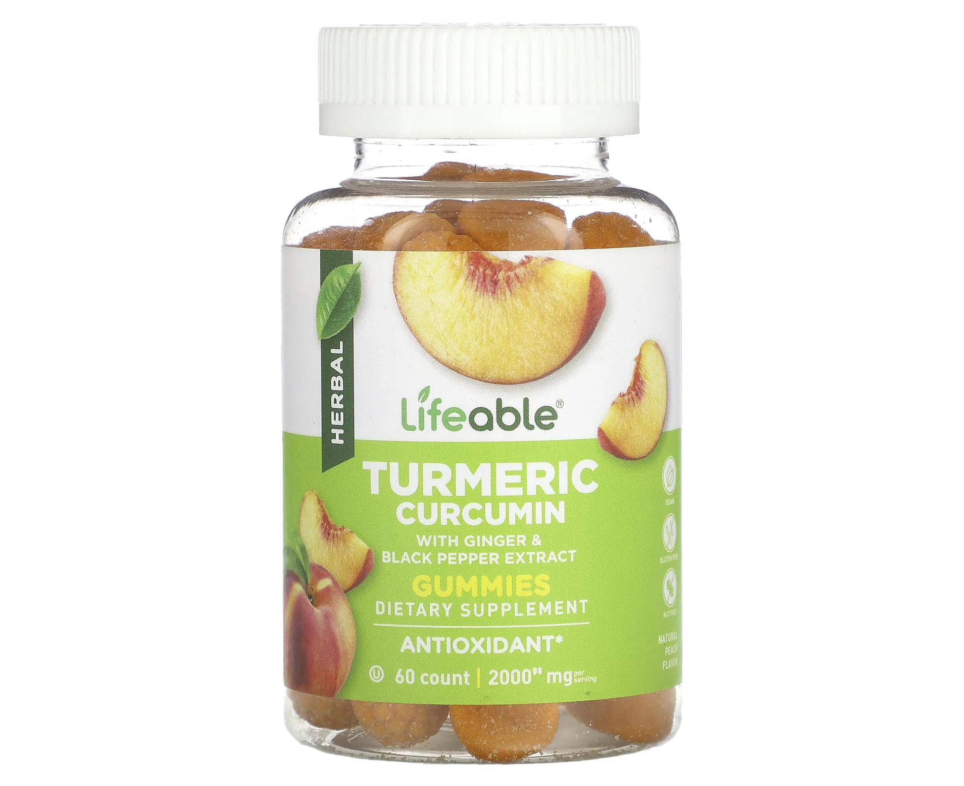 Lifeable, Turmeric Curcumin Gummies, Natural Peach, 2,000 mg, 60 Gummies (1,000 mg per Gummy)