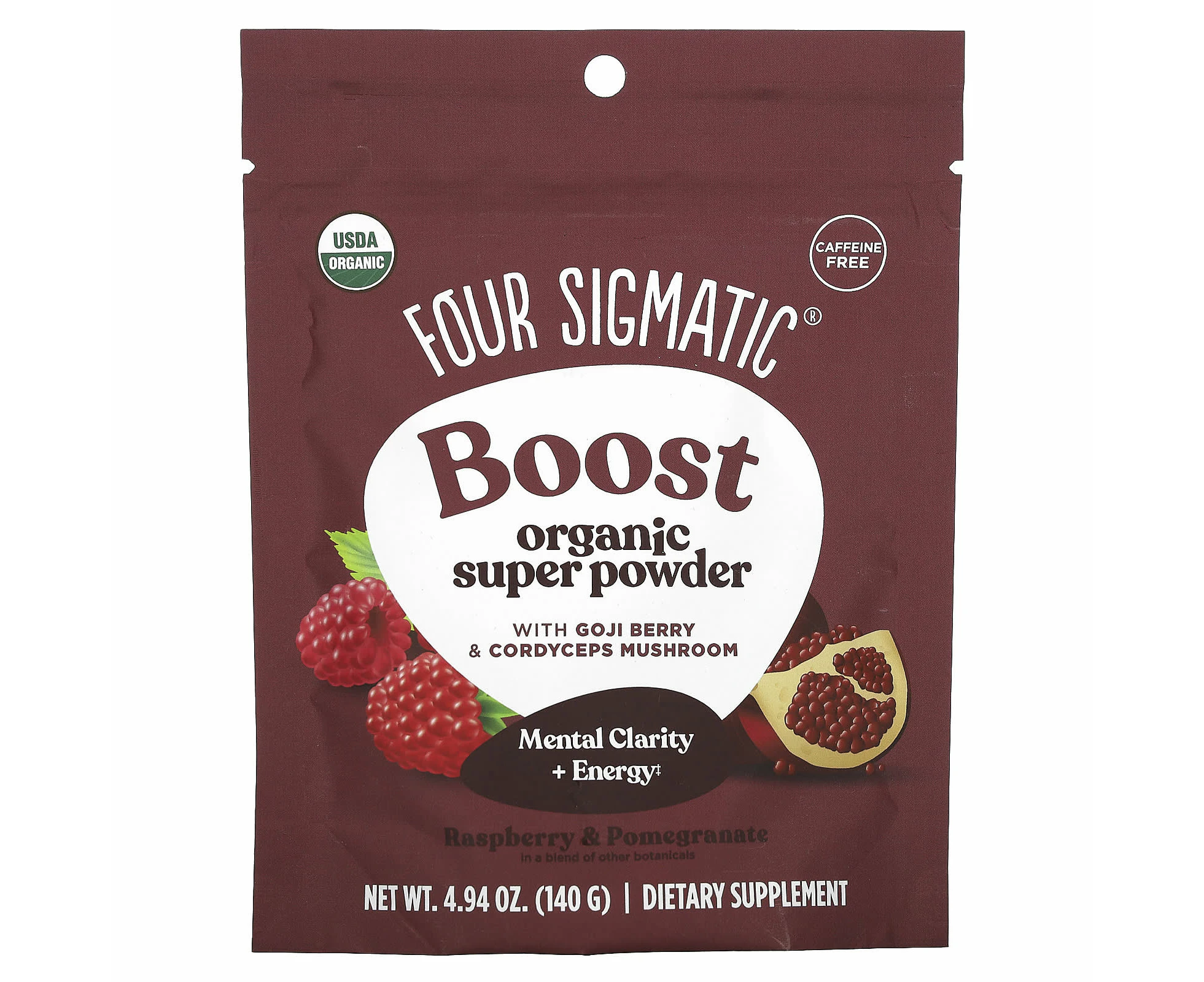 Four Sigmatic, Boost, Organic Super Powder, Caffeine Free, Raspberry & Pomegranate, 4.94 oz (140 g)